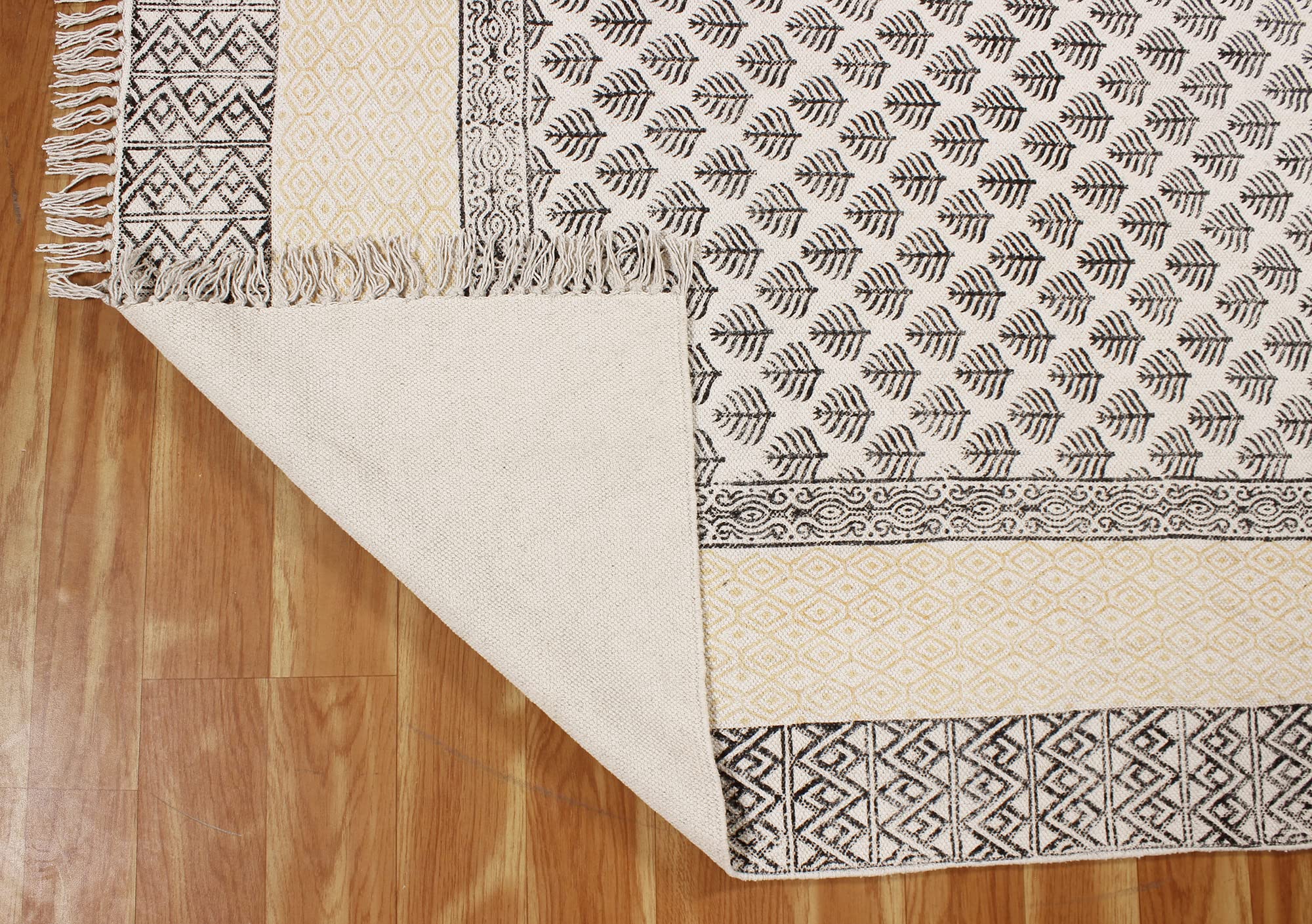 Bohemian Area Rug - Handmade Yellow & Black Cotton Rug with Tassels | Hand Block Printed Floral Design | Easy Washable 8x8 Feet Square (240x240 cm) for Living Room, Bedroom, Laundry Room & Entryway | Perfect for Boho Home Decor & Cozy Spaces