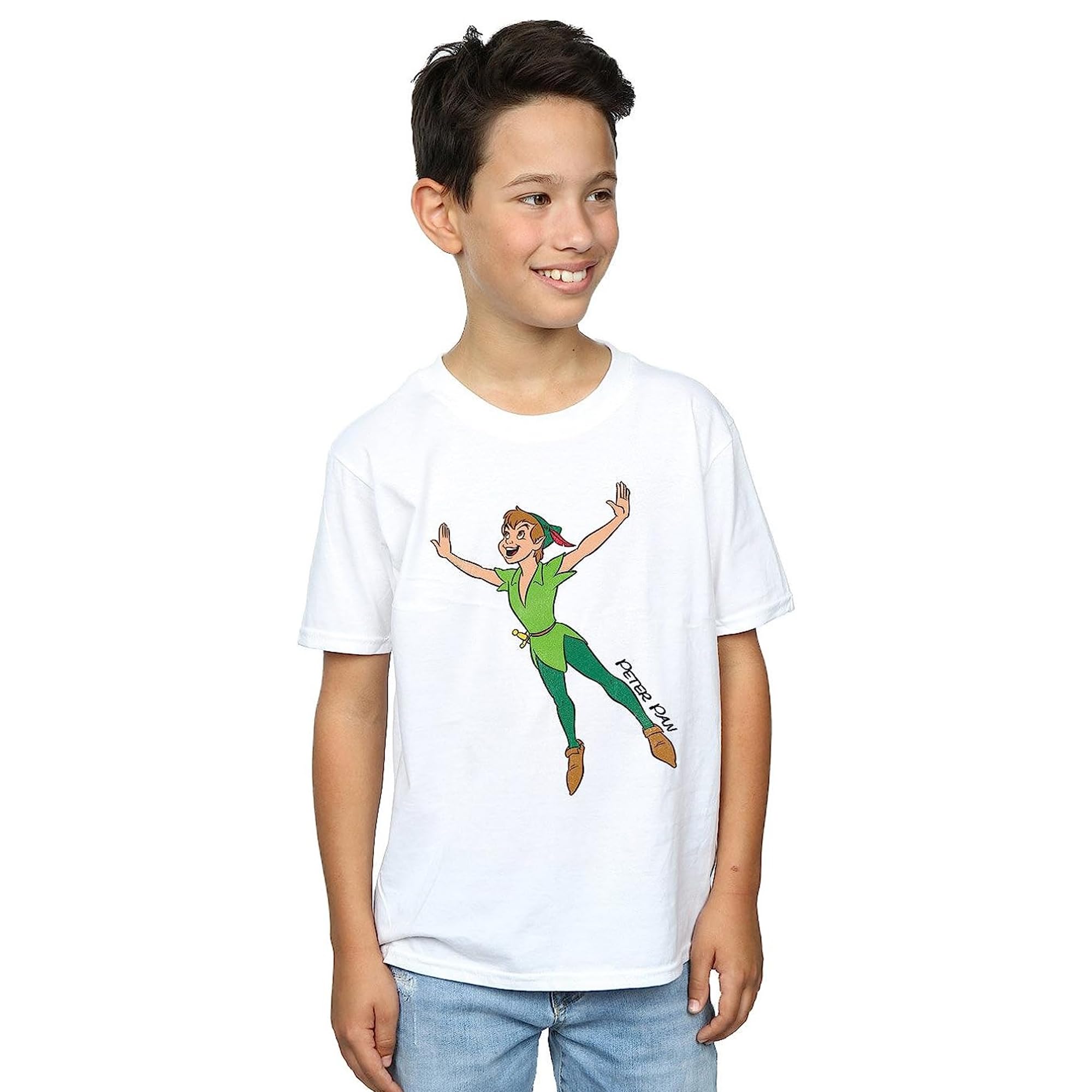 Disney Peter Pan Classic Flying Boys T-Shirt - White, Size 7-8 Years | Official Licensed Cotton Tee for Kids Birthday & Halloween Costume