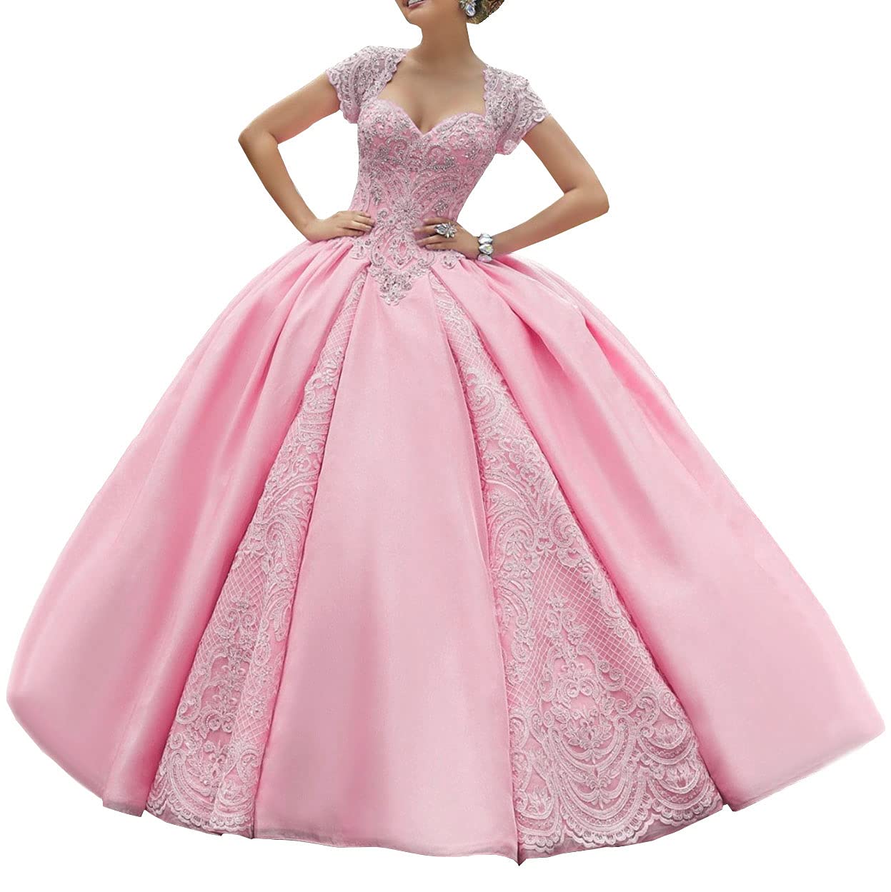 Elegant Sweetheart Beaded Quinceanera Ball Gown with Lace Appliques - Princess Prom Party Dress for Women | Perfect for Quinceañeras, Prom Nights, and Formal Celebrations