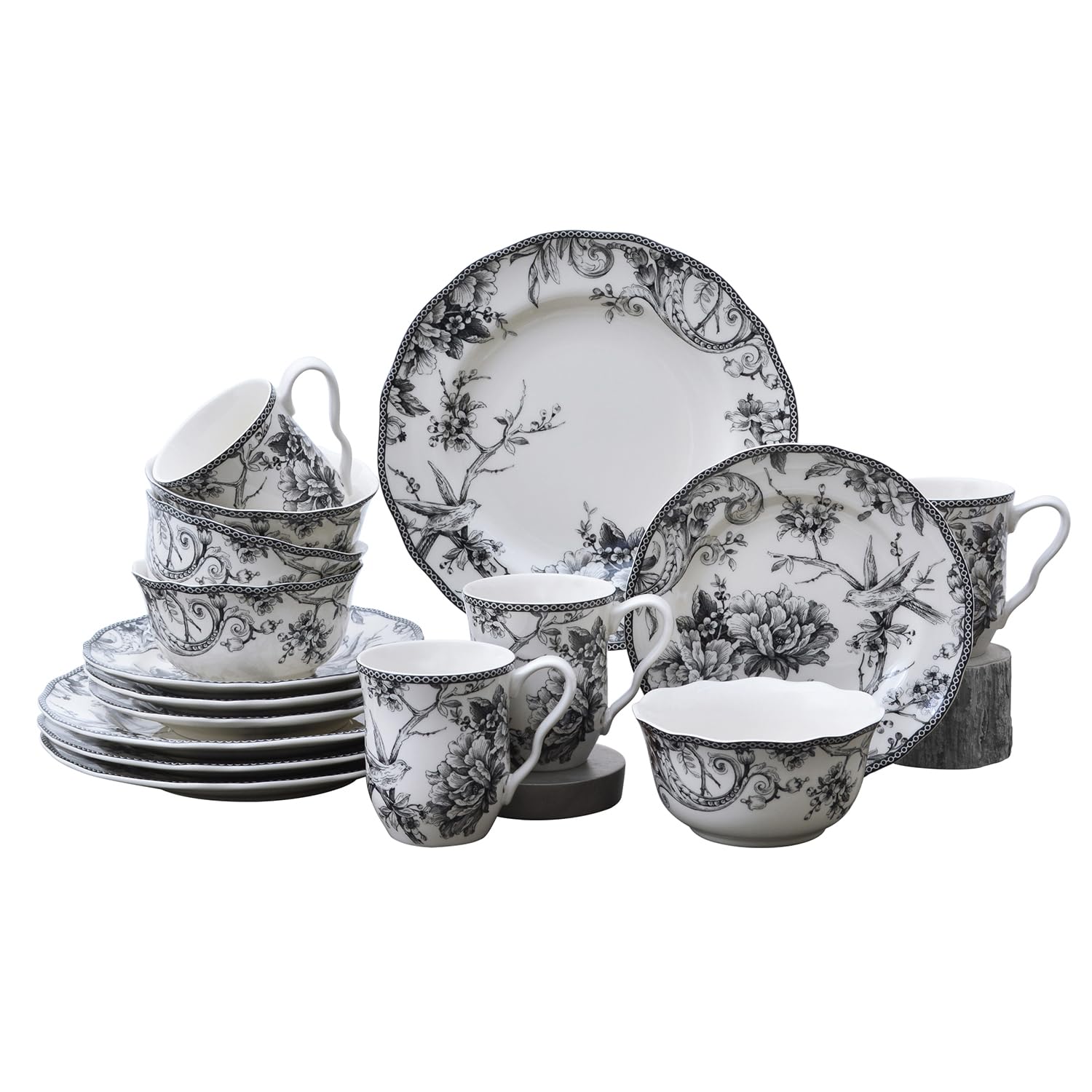 222 Fifth Adelaide 16-Piece Porcelain Dinnerware Set - Service for 4, Elegant Black Dinner Plates with Hand-Painted Woodland Bird Design, Microwave & Dishwasher Safe for Everyday Use, Perfect for Family Dinners, Parties & Holiday Entertaining