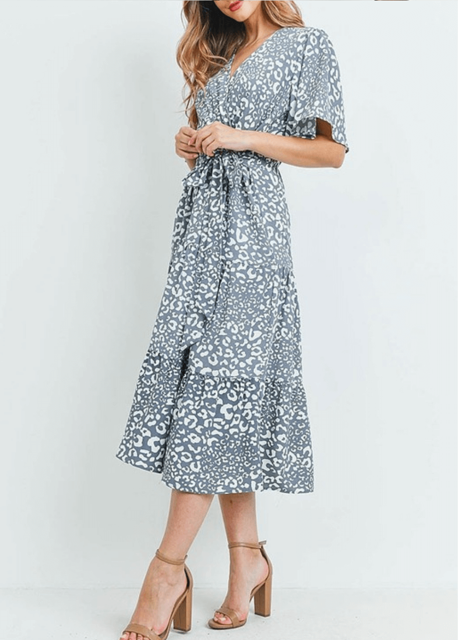 Laurel Leopard Print Midi Dress - Gray Animal Print Casual Dress for Women | Perfect for Office, Party & Date Night Outfits