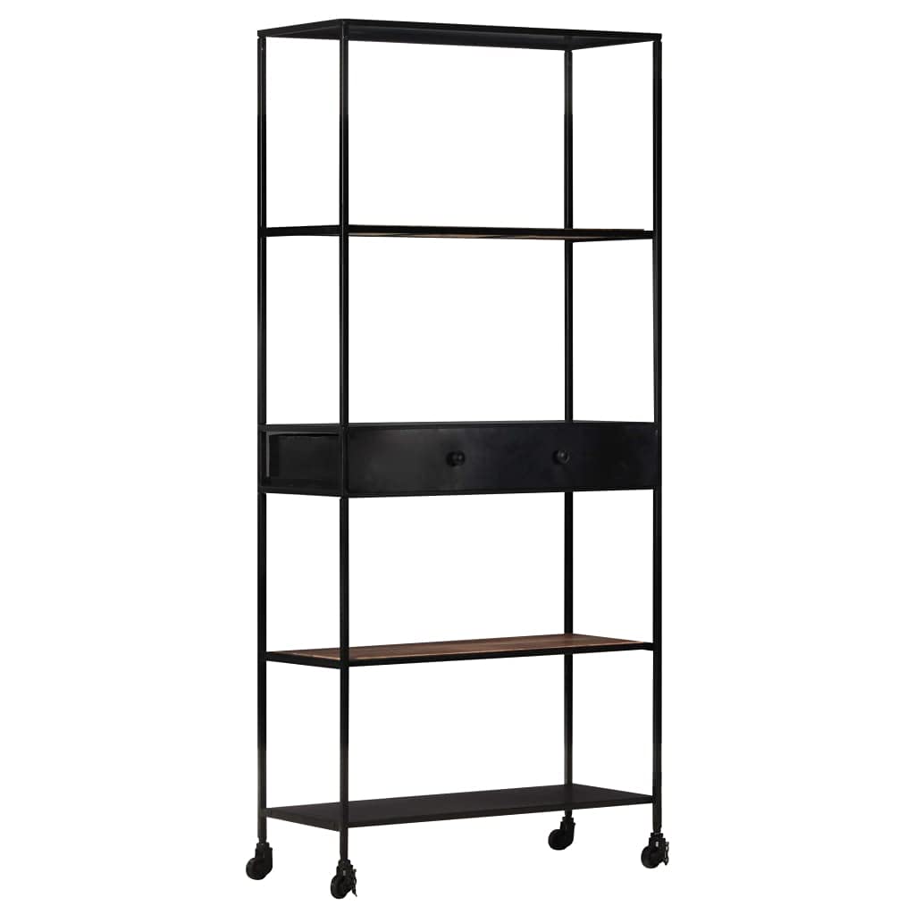 5-Tier Industrial Bookcase with Drawer & Wheels - Wood & Metal Bookshelf, Tall Floor Standing Storage Rack, 35.4