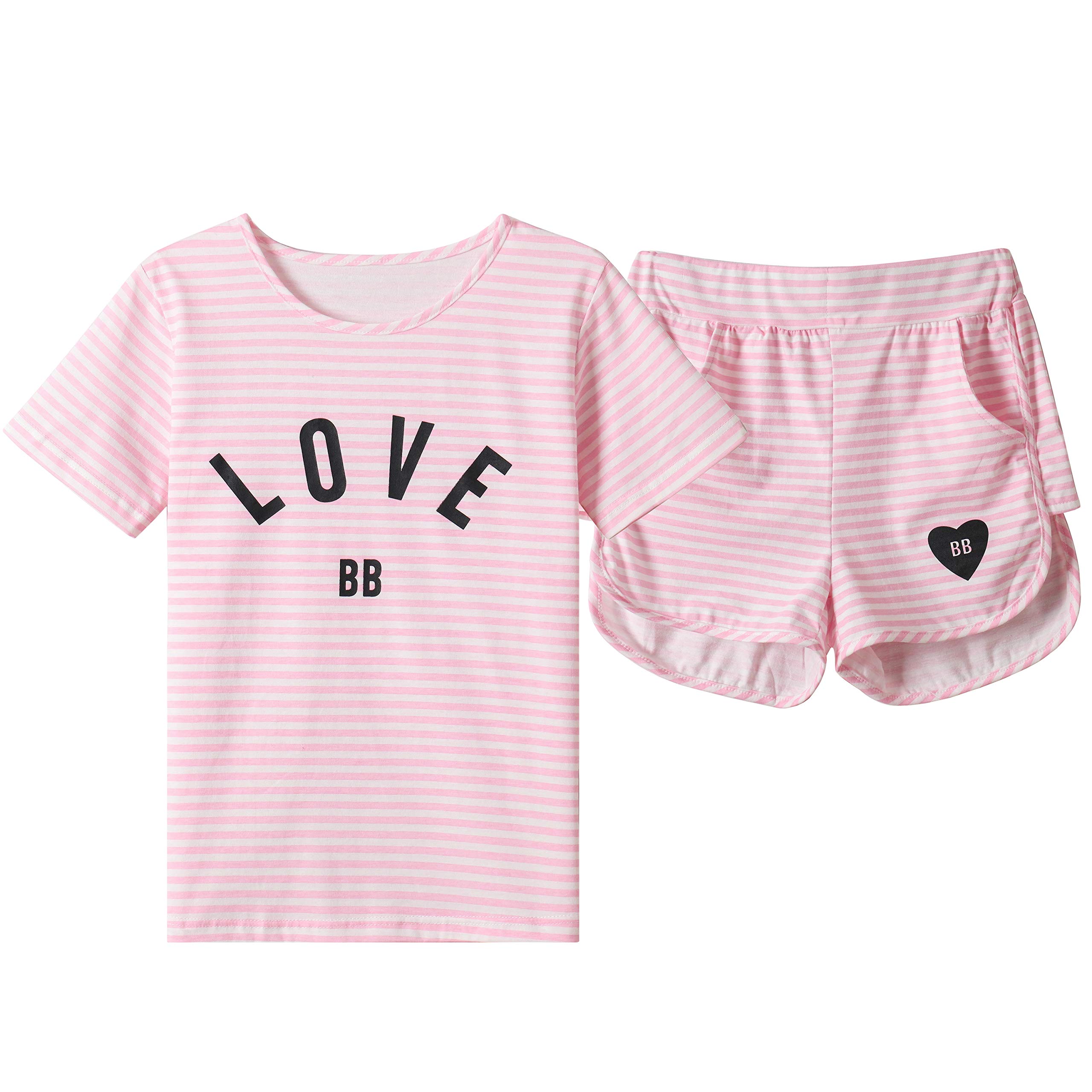 Big Girls Summer Pajama Set - Striped Heart Print Sleepwear for Comfort & Style