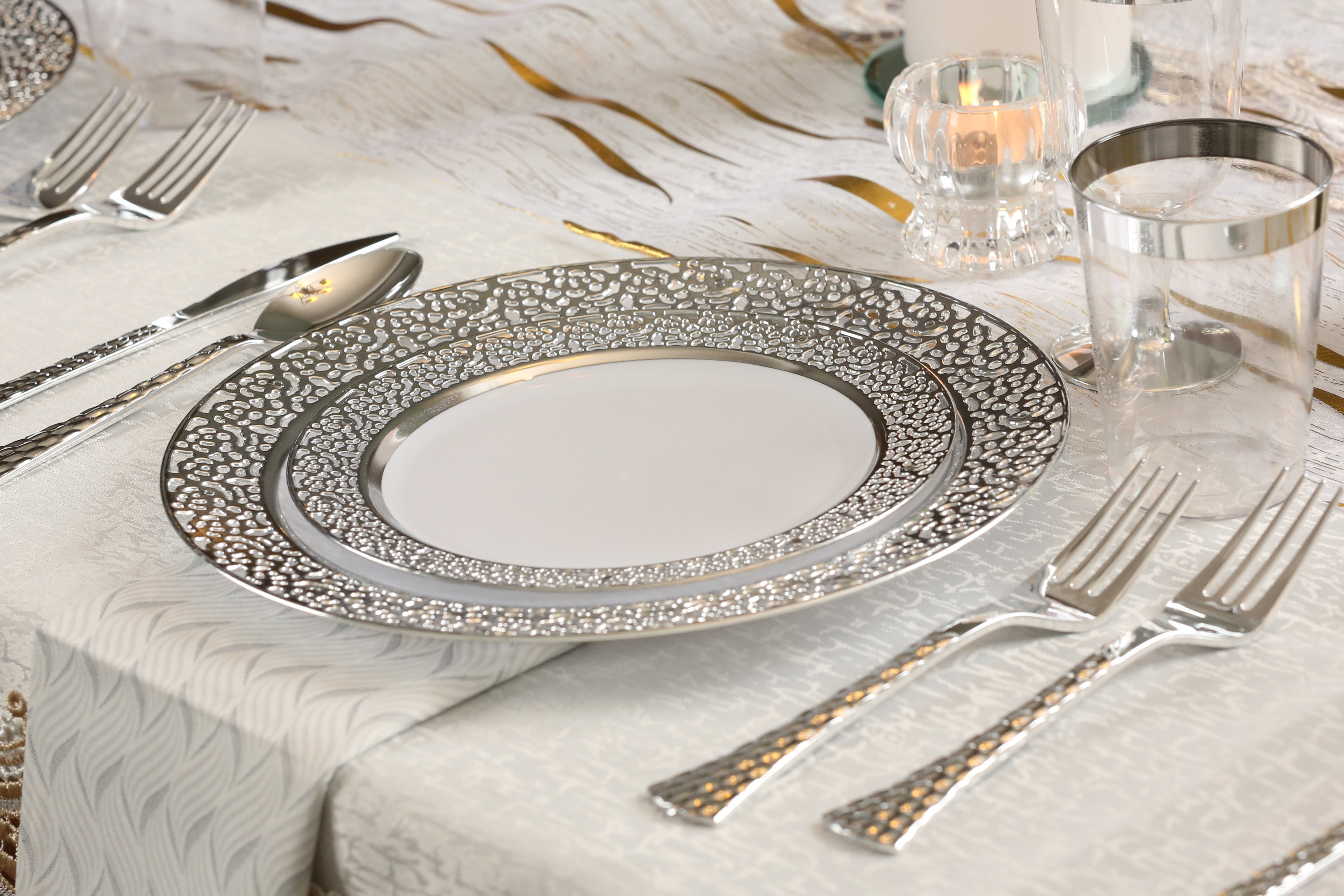 40-Piece White & Silver Round Plastic Dinnerware Set - Elegant Lace Design for 20 Servings | Perfect for Weddings, Parties, and Outdoor Events