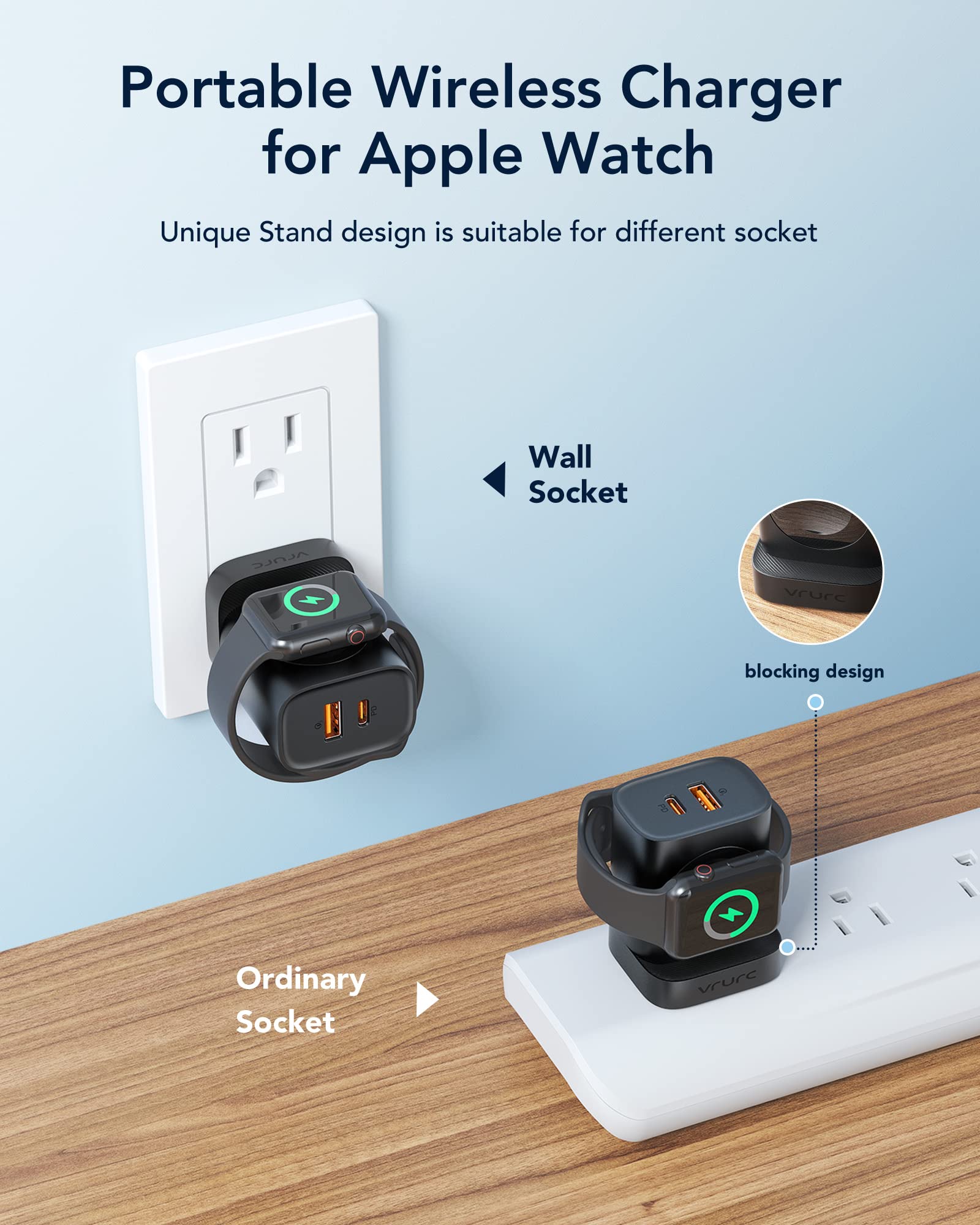 VRURC 3-in-1 Magnetic Wireless Charger for Apple Watch Ultra/SE/10/9/8/7/6/5/4/3/2/1, iPhone 16/15/14/13 & Android - 20W PD Fast Charging, Portable Travel Charging Block (Black) | Perfect for Home, Office & Travel Use