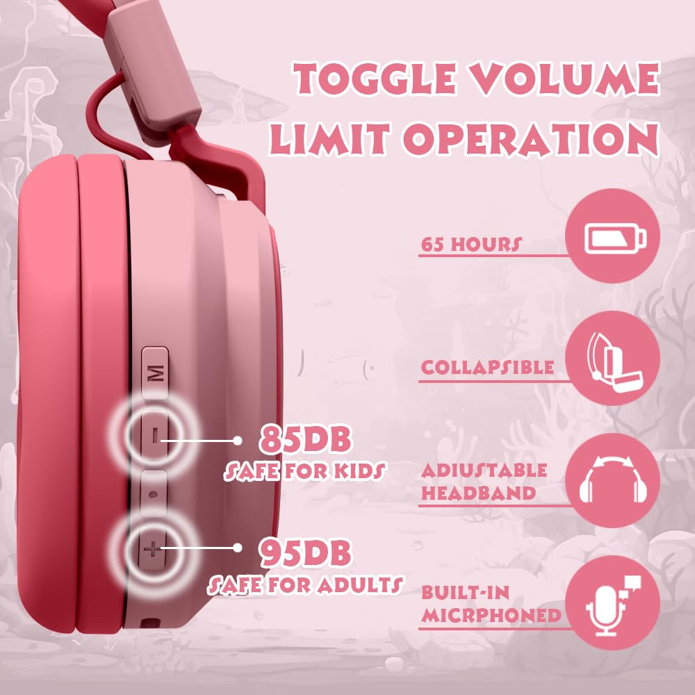 MIDOLA Kids Wireless Bluetooth Headphones with Volume Limit (85dB/110dB) - Foldable Over-Ear Headset with Mic & AUX Cord for Boys & Girls - Safe for School, Tablet, Phone, Travel & Home Use (Cartoon Pink)