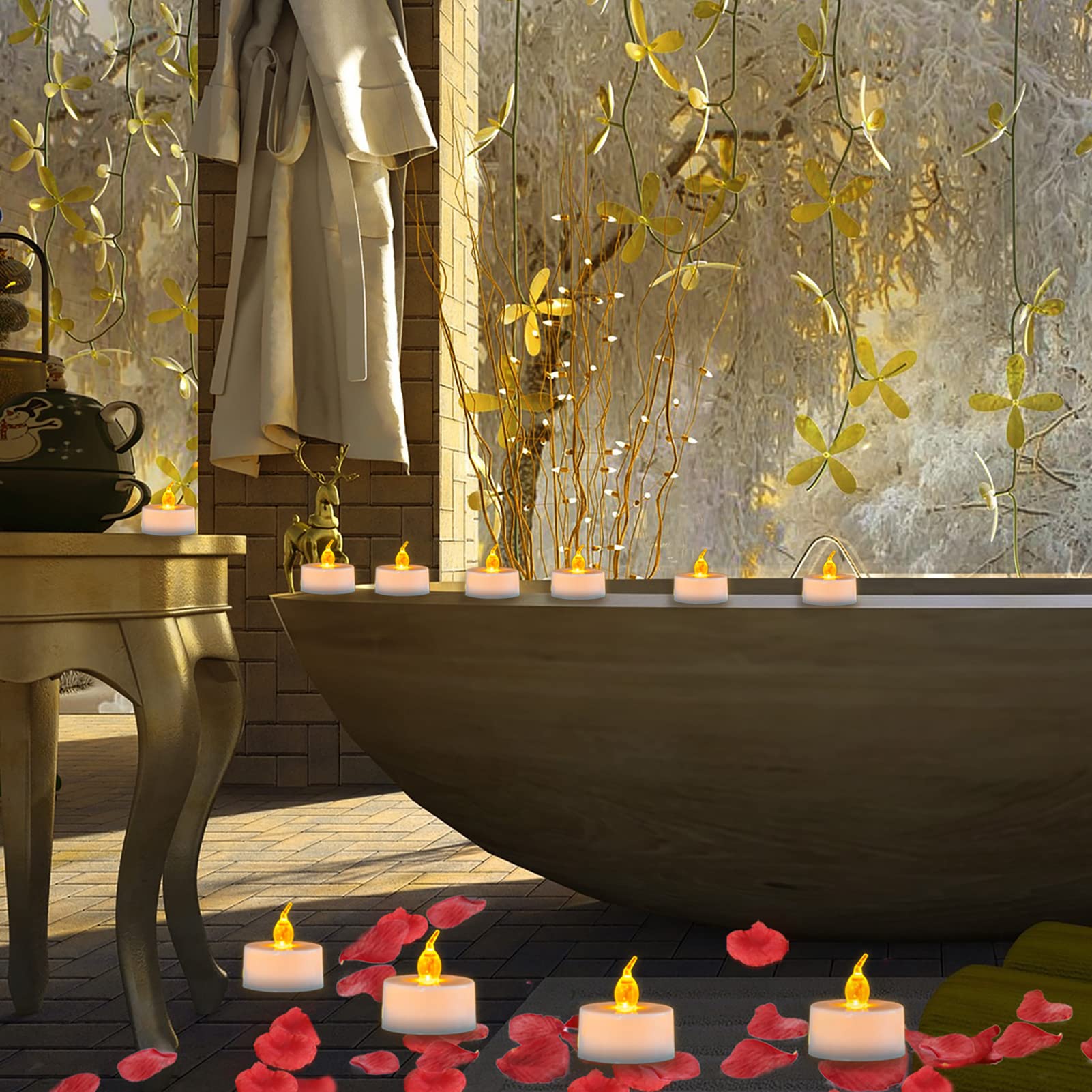 500PCS Red Artificial Rose Petals with 24PCS Flameless LED Tea Lights - Romantic Wedding Decor, Anniversary Party, Valentine's Day Centerpiece Decoration - Amber Yellow Flickering Candles for Table Scatter & Home Decor