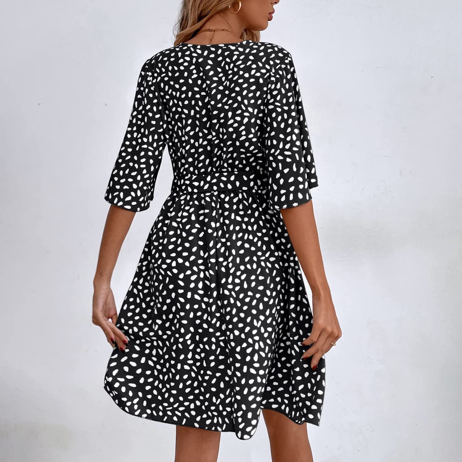 Elegant Wedding Guest Dresses for Women - Fashion Casual Loose Fit Short Sleeve Printed V-Neck Dress with Belt | Perfect for Summer Weddings, Garden Parties & Special Occasions