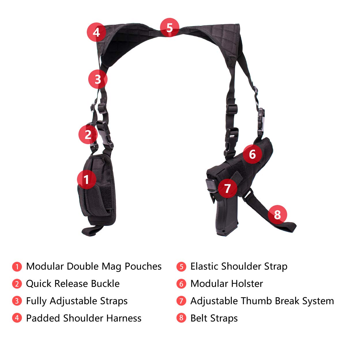 Adjustable Vertical Shoulder Holster for Pistols with Double Magazine Pouch - Universal Concealed Carry Holster Fits Compact to Large Handguns - Perfect for Law Enforcement, Security & Outdoor Activities