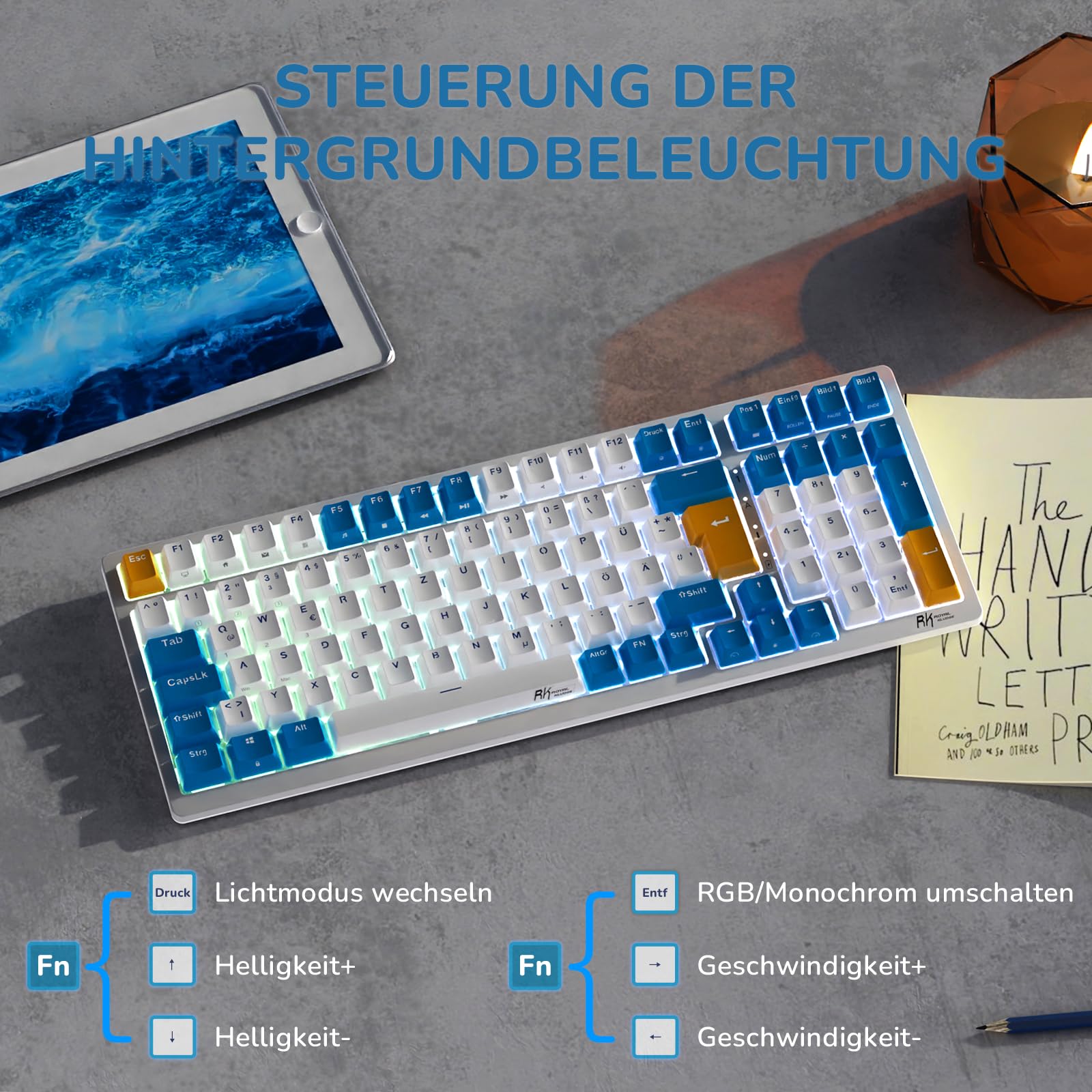 RK ROYAL KLUDGE RK98 Wireless Mechanical Gaming Keyboard - 2.4G/Bluetooth 5.1/USB-C Triple Mode, RGB Backlit, Hot-Swappable Red Switches, 100-Key German QWERTZ Layout - Perfect for Gaming, Office Work & Typing (White)