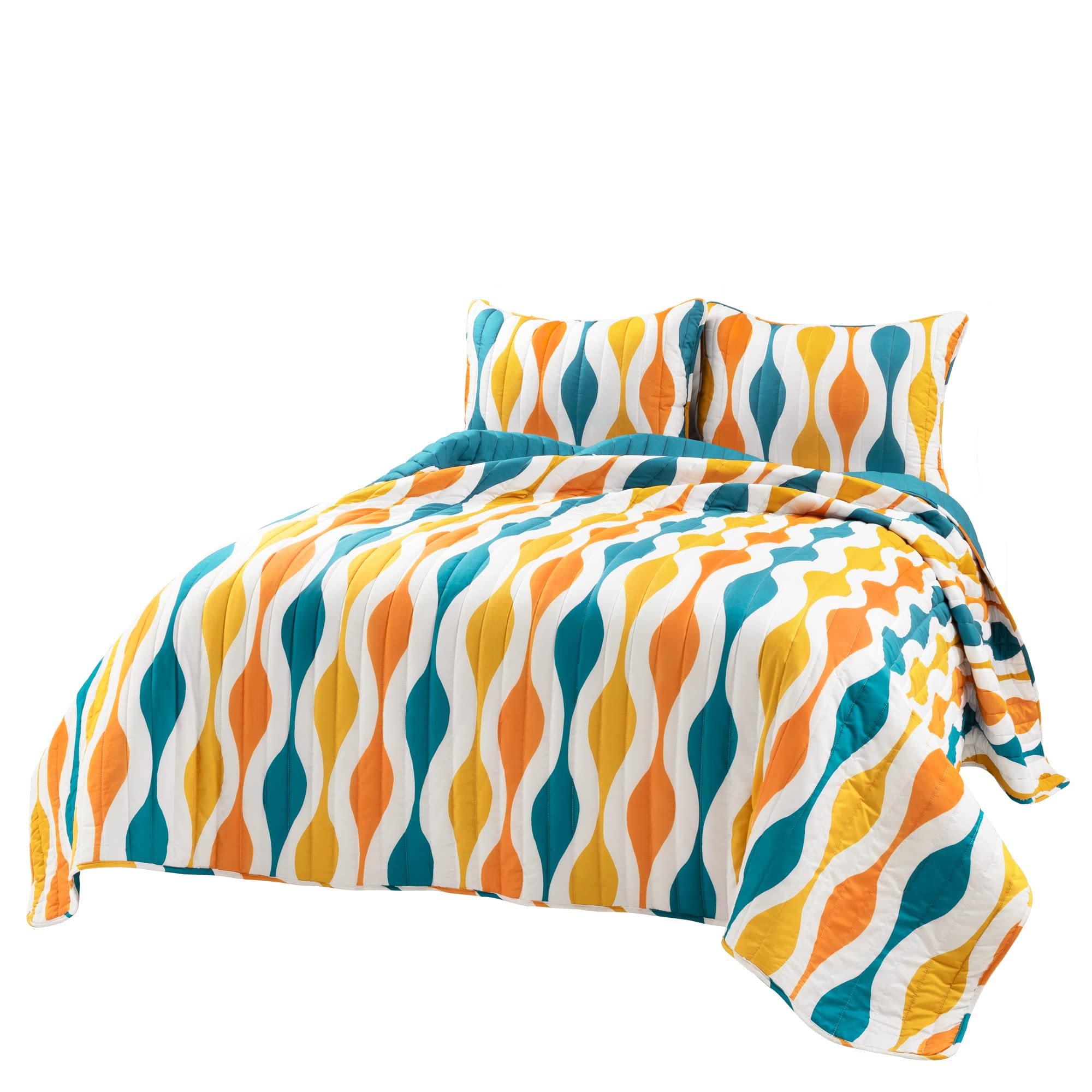 Mid Century Geo Quilt Set - Full/Queen, Turquoise & Orange for Modern Bedroom