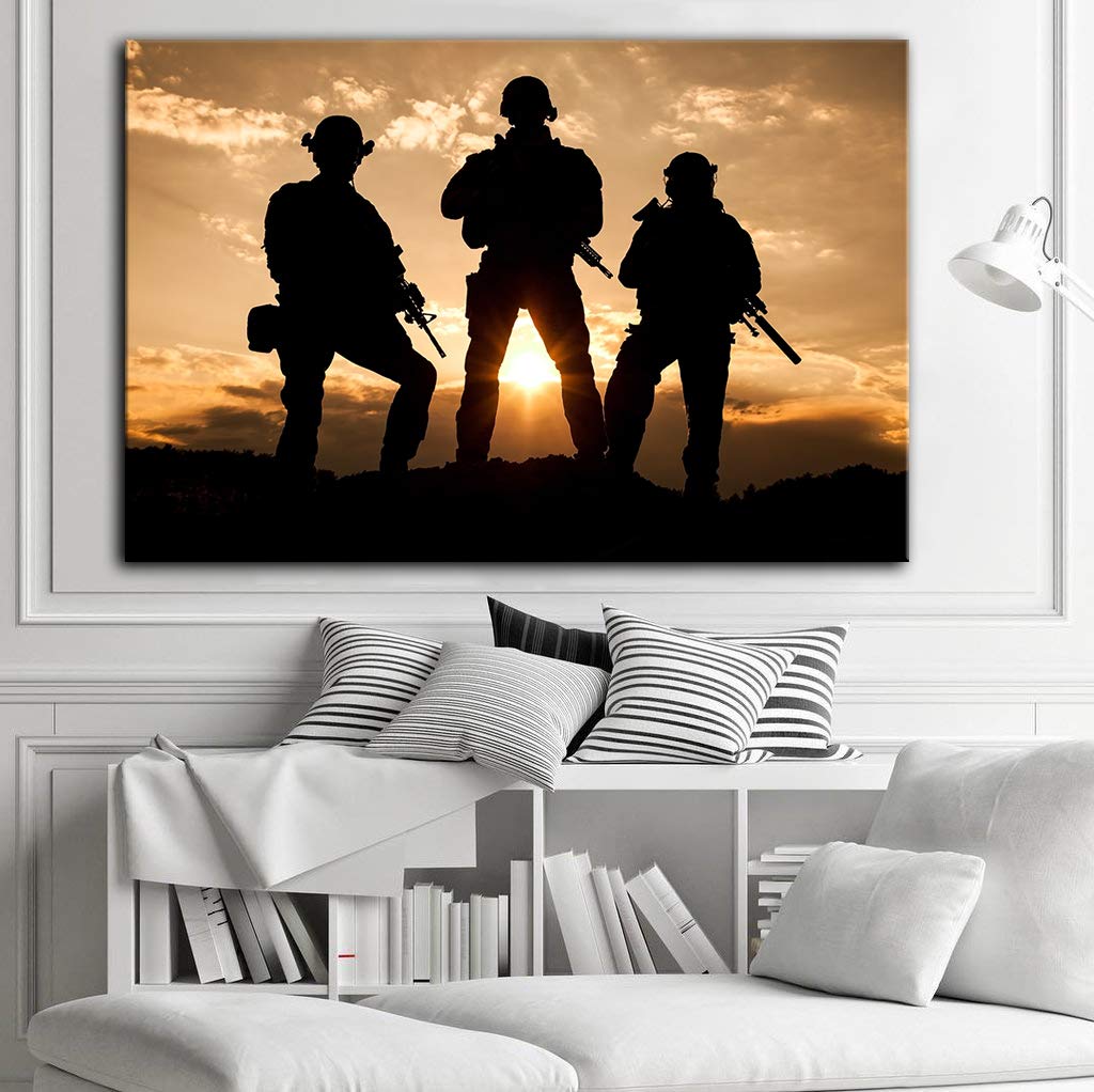 Military Wall Art - Army Troops Silhouette Canvas Painting, Modern Soldiers Wall Decor Poster Print, Framed Ready to Hang - Perfect for Living Room, Bedroom, Home & Office Decor