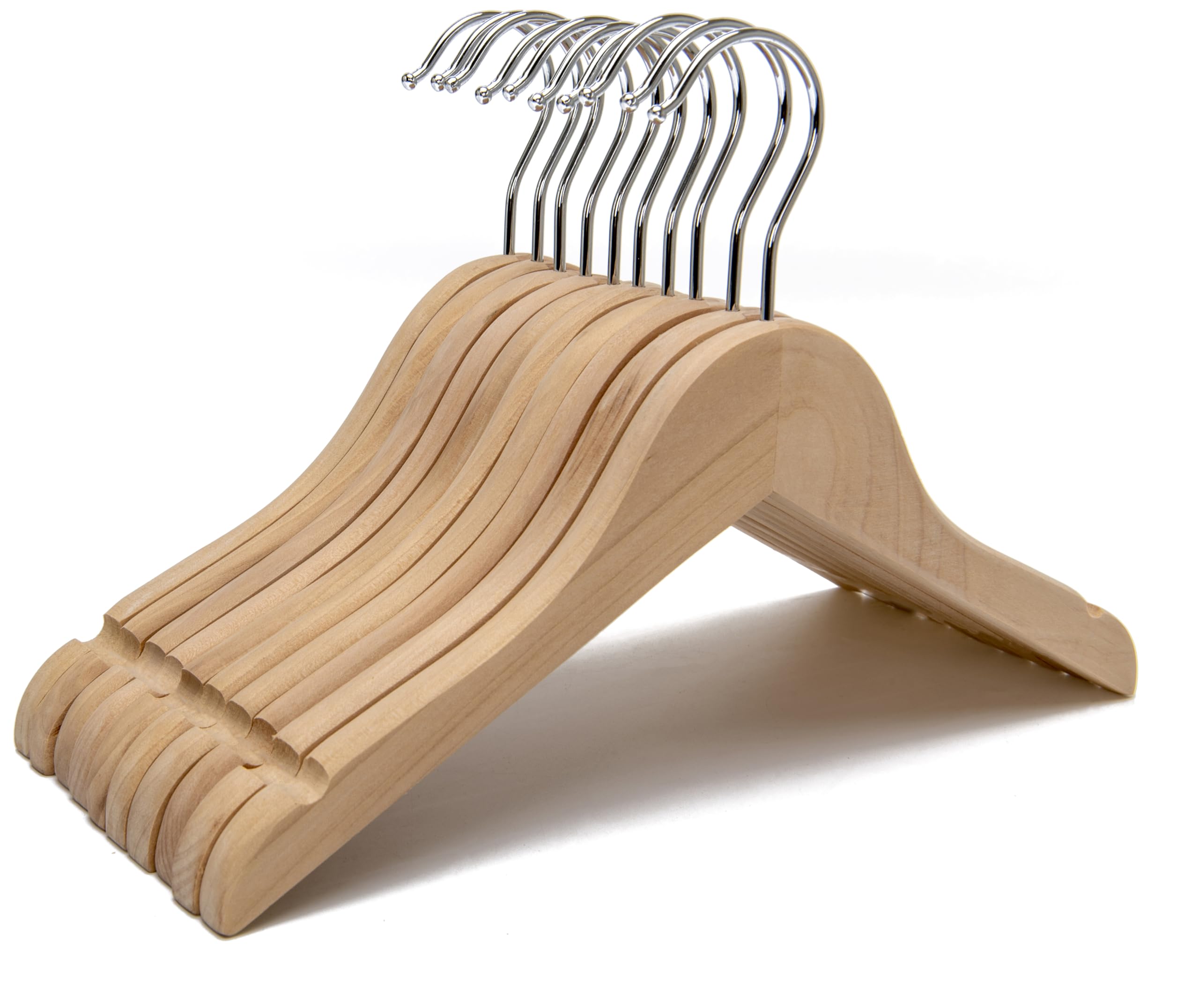 10 Pack Natural Wooden Kids Clothes Hangers with Notch Design & Anti-Rust Chrome Hooks - Baby Toddler Shirt Coat Hangers for Nursery Closet Organization (HL02N) - Perfect for Children's Wardrobe, Baby Closet Storage and Gift Giving