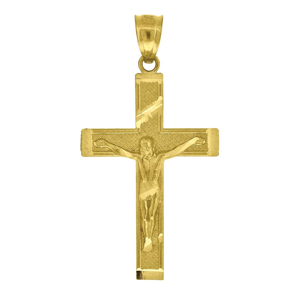 10K Gold DC Textured Men's Cross Crucifix Pendant Necklace - 35.2mm Height x 18.3mm Width - Religious Jewelry Gift for Him - Perfect for Baptism, Confirmation, Christmas & Daily Wear