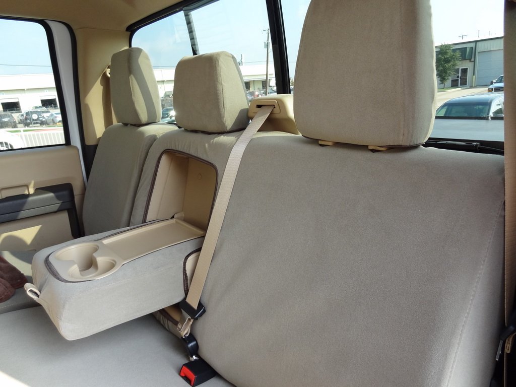 Premium Durafit Seat Covers for 2011-2015 Ford F250-F550 | Custom Fit Lariat & King Ranch Models | Front Bucket & 60/40 Rear Bench | Tan/Taupe Twill-Velour Fabric | Integrated Seat Belts | Perfect for Truck Enthusiasts & Off-Road Adventures