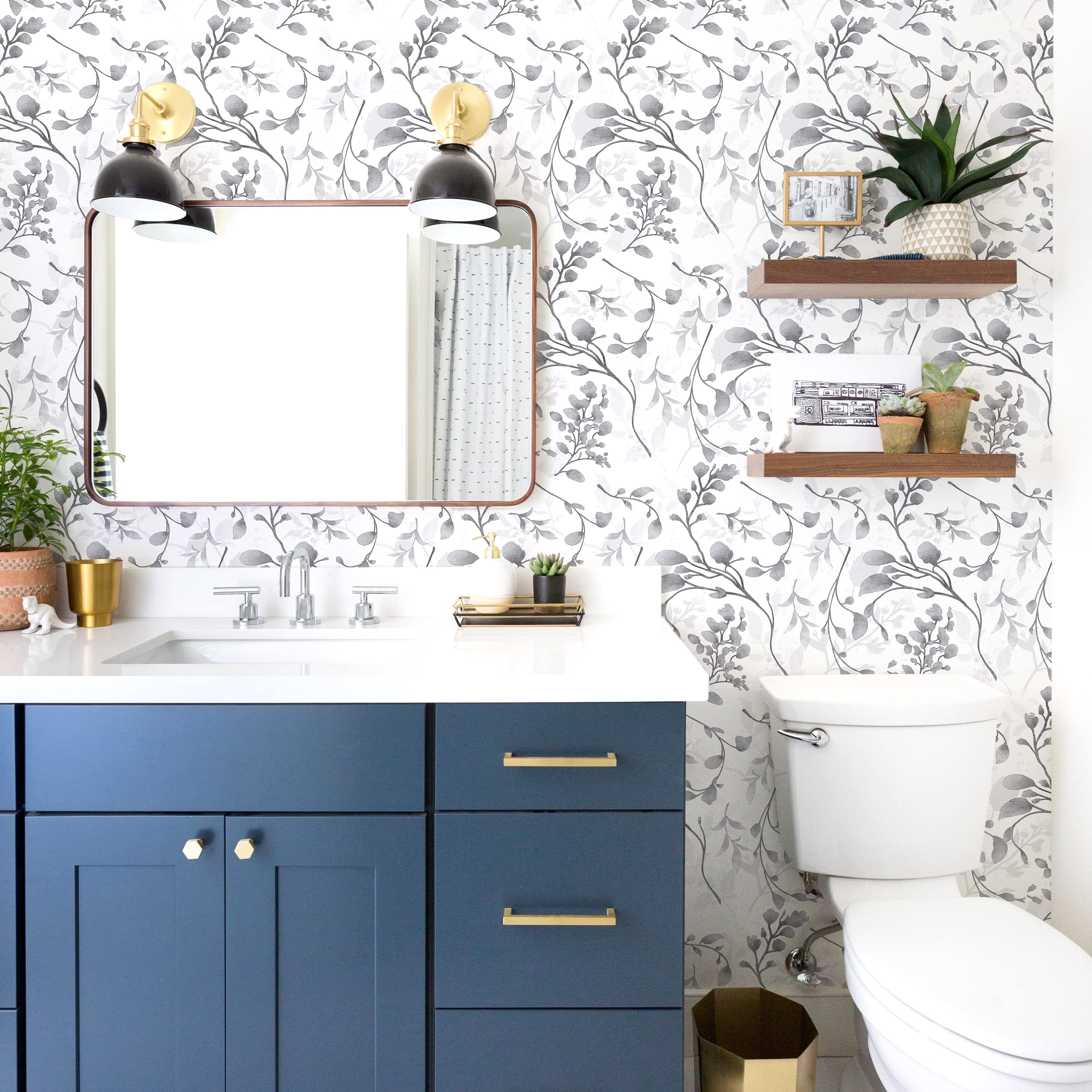 Orainege Grey Floral Peel and Stick Wallpaper - 17.7x118.1 Inch Modern Vinyl Flower Wallpaper with Leaves - Self-Adhesive Contact Paper for Bedroom, Kitchen, Living Room Decor