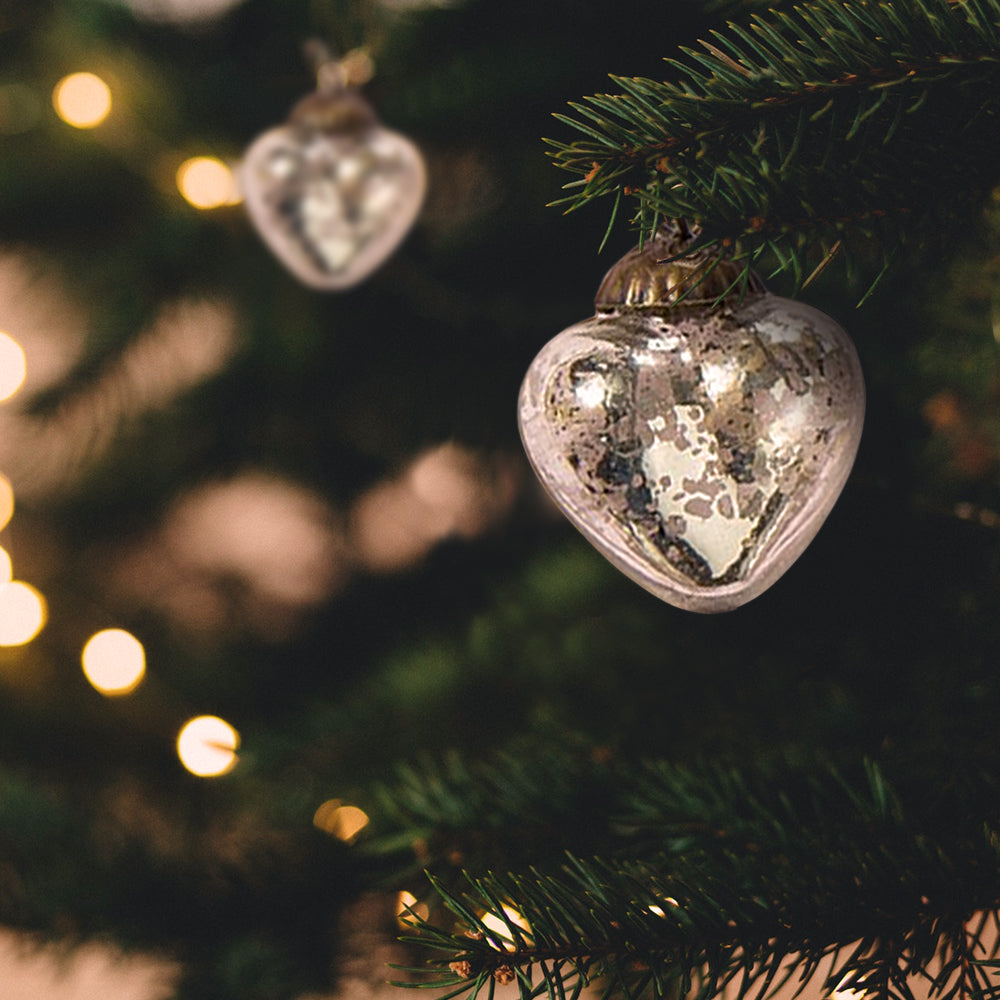 6 Pack Silver Mercury Glass Heart Ornaments - Elegant Christmas Tree Decorations for Holiday, Wedding, and Home Decor