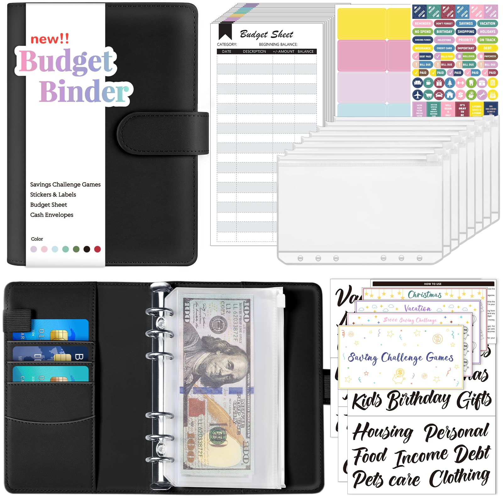Sooez Money Saving Binder with Cash Envelopes - Budget Organizer with Expense Sheets, Challenge Tracker & Category Labels - Cash Envelope System for Home, Office & School - Perfect for Budgeting, Saving Challenges & Financial Planning