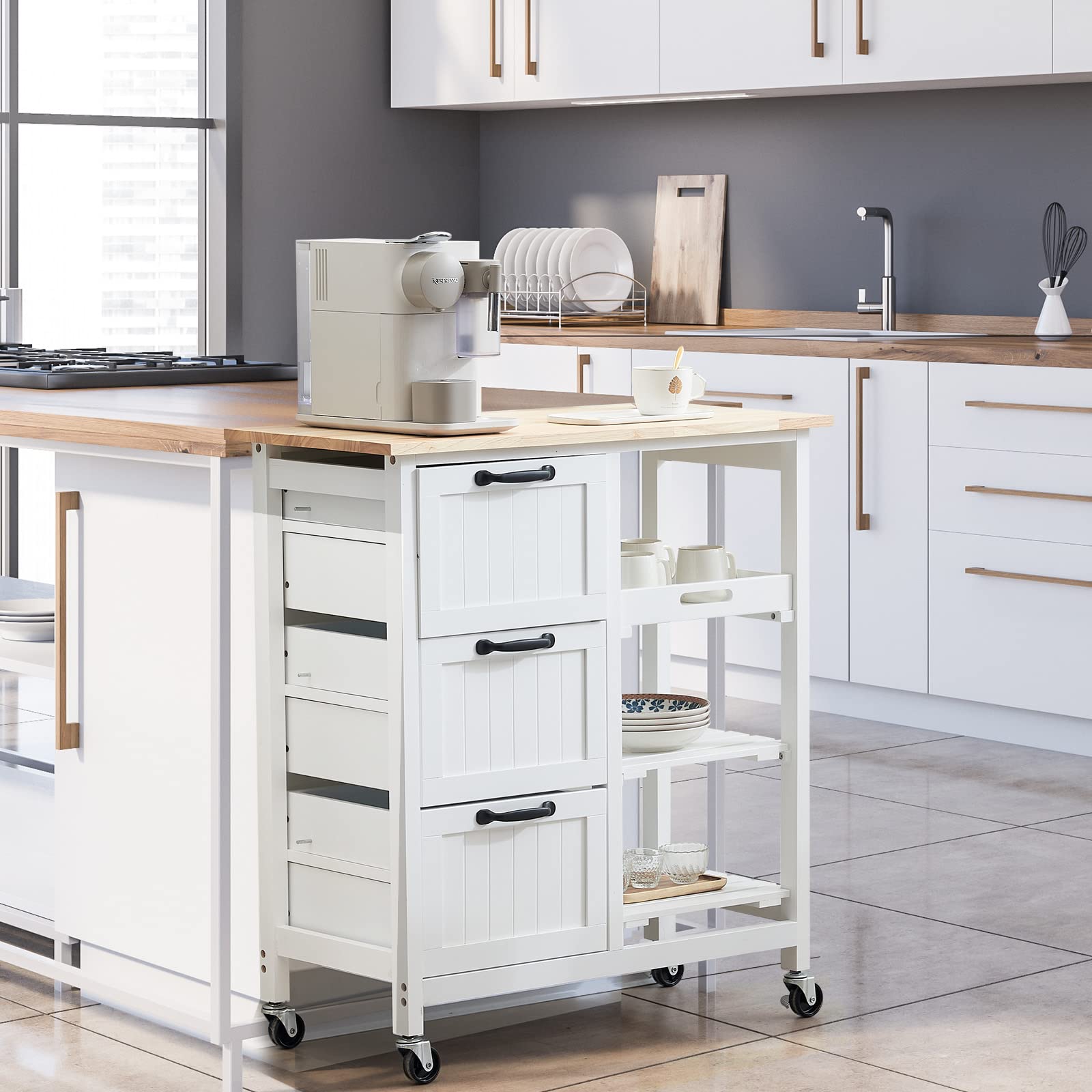 VINGLI Rolling Kitchen Island Cart with 3 Drawers & 3-Tier Storage - Natural Solid Wood Top, Mobile Microwave Trolley for Small Kitchens | Perfect for Coffee Bars, Serving Stations & Compact Kitchen Organization