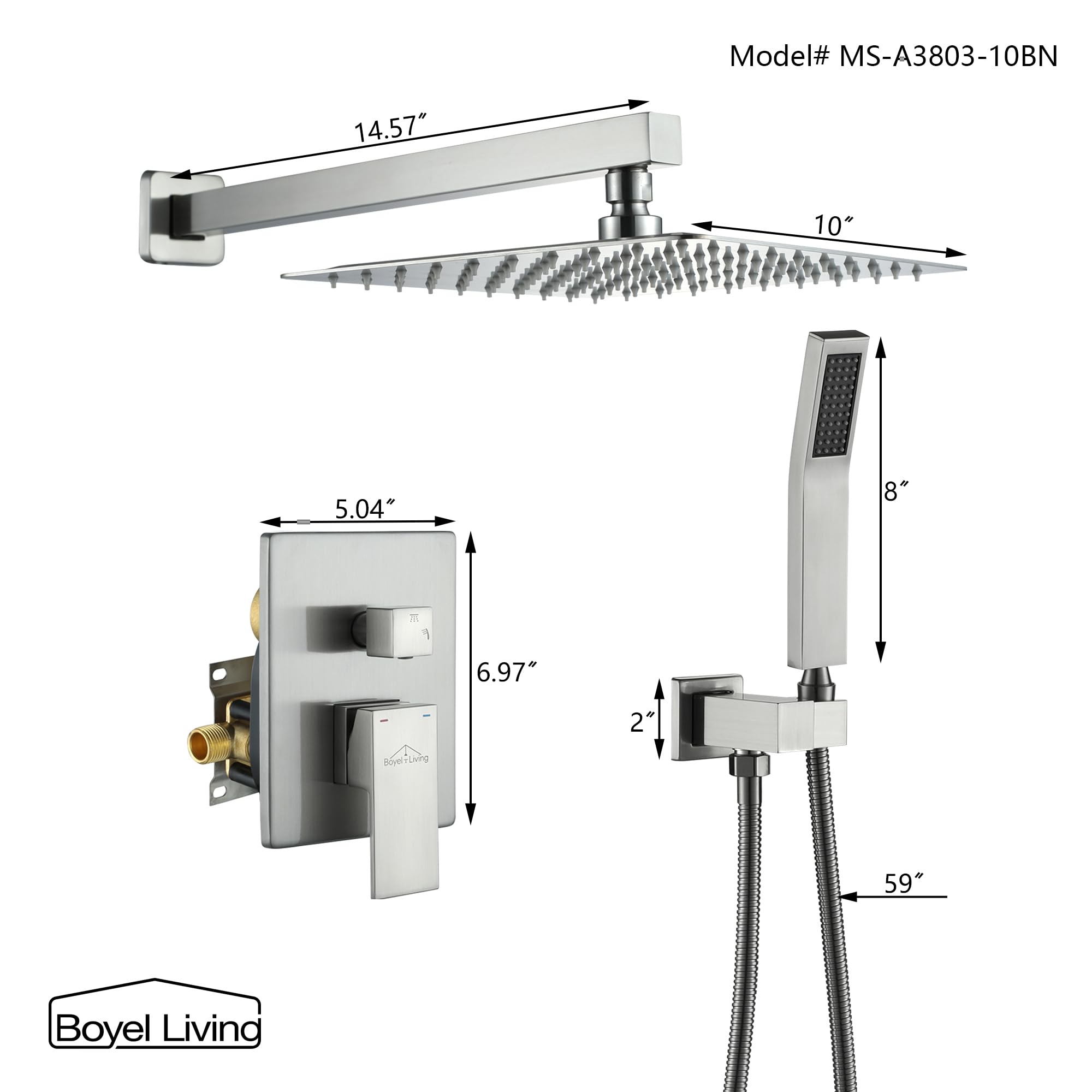 Luxury 10 Inch Rainfall Shower Head System - High Pressure Wall Mounted Shower Faucet with 2-Function Spray - Brushed Nickel Finish for Spa-Like Bathroom Experience | Perfect for Master Bathrooms & Modern Home Renovations