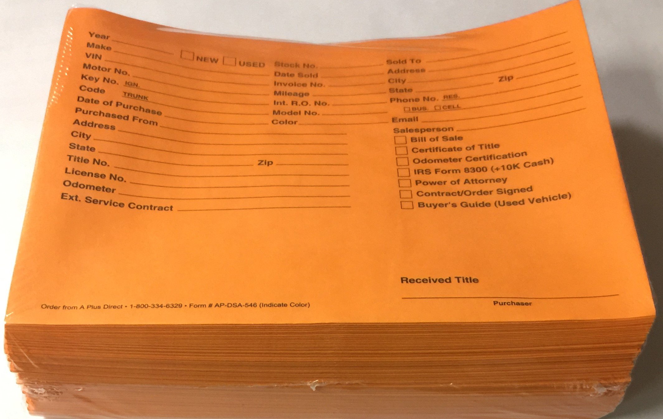 A Plus Auto Dealer Vehicle Paper File Jackets Orange DSA-546 - Pack of 1000 (U6) - Perfect for Car Dealerships, Auto Repair Shops & Vehicle Documentation Organization