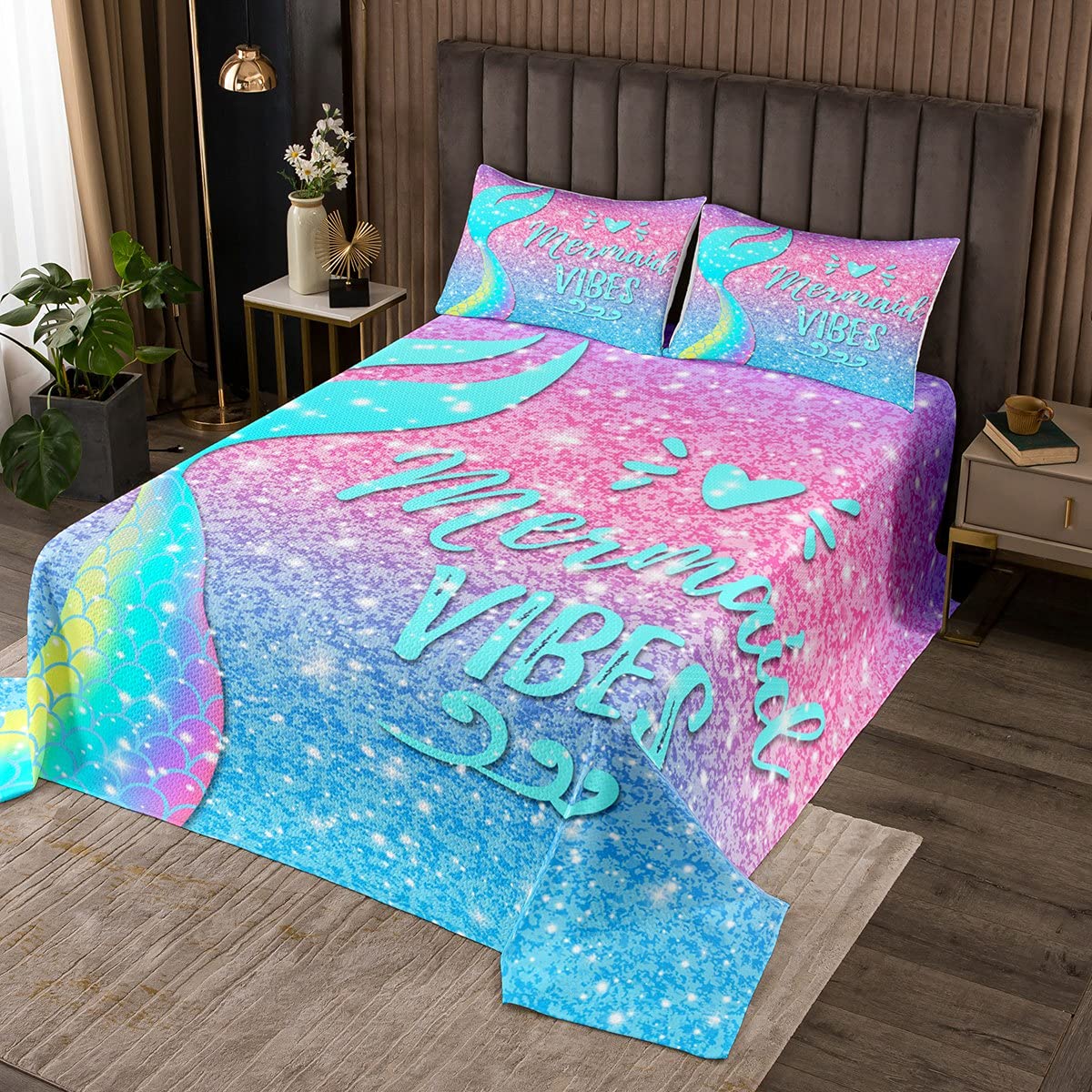 Erosebridal Mermaid Bedding King Size Set - Kawaii Room Decor with Glitter Galaxy Quilt Cover, Rainbow Mermaid Scales & Pastel Pink Blue Sequins - 3 Piece Bedding Set for Girls Room, Teen Bedroom, Fantasy Themed Decor
