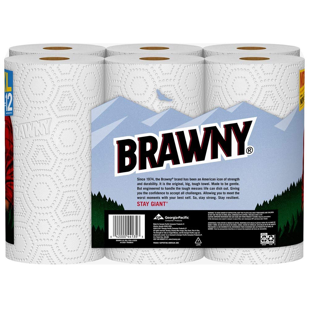Brawny Paper Towels, 6 XL Rolls | Pick-A-Size | White | 6 Rolls = 12 Regular Rolls | Ultra Absorbent for Kitchen, Bathroom & Cleaning Messes