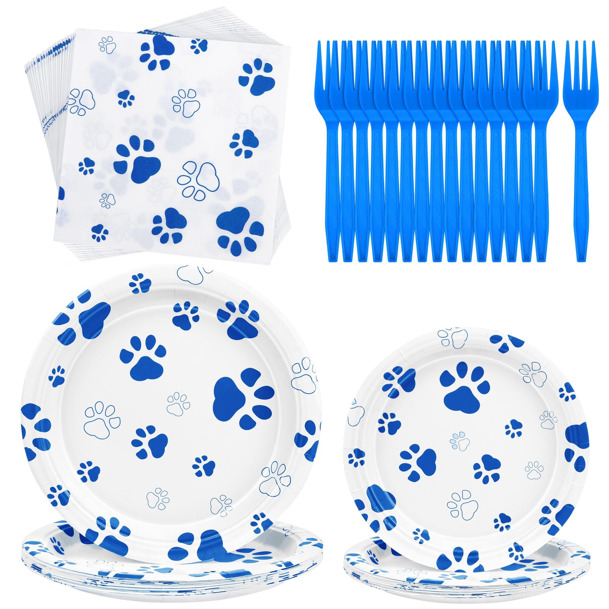 72-Piece Dog Paw Print Birthday Party Supplies Set - 32 Plates, 24 Napkins & 16 Forks | Blue Puppy Theme Party Decorations for Birthdays, Picnics, Baby Showers & Pet Celebrations