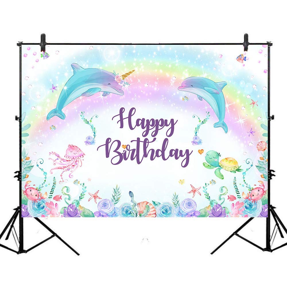 Under The Sea Backdrop for Girls - 7x5ft Purple Floral Glitter Bubble Rainbow Dolphin Vinyl Background | Perfect for Birthday Parties, Baby Showers & Underwater Themed Events