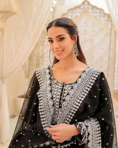 Elegant Black Georgette Salwar Kameez Sharara Dupatta Set for Women | Indian Pakistani Party Wear | Perfect for Weddings, Festivals & Special Occasions