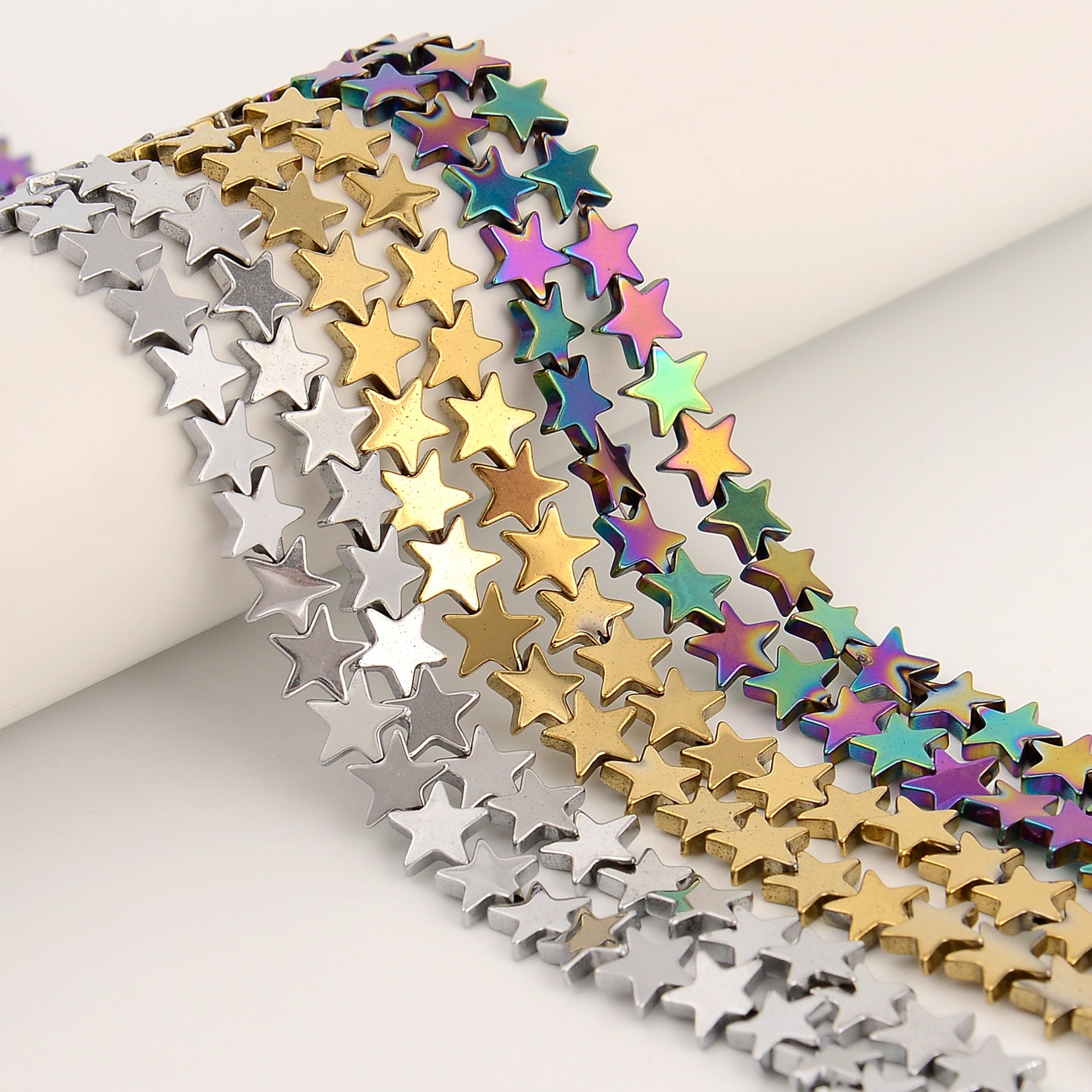 8mm Gold Silver Rainbow Plated Hematite Five-Pointed Star Beads - 15.5
