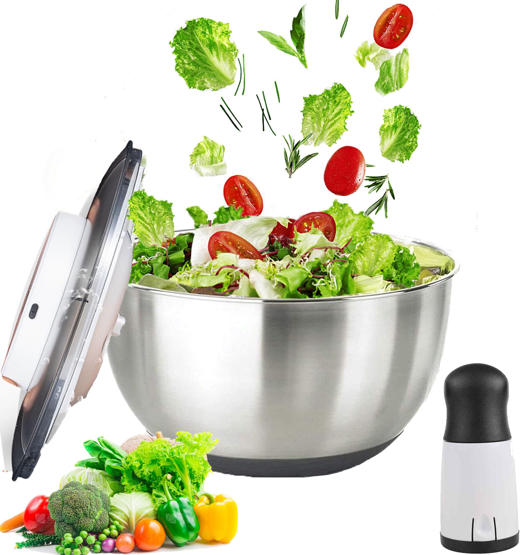 Stainless Steel Automatic Salad Spinner - 162oz (4.8L) Large Electric Lettuce & Vegetable Washer Dryer Machine, Wireless Kitchen Fruit & Veggie Spinner for Fresh Salads, Meal Prep & Healthy Cooking