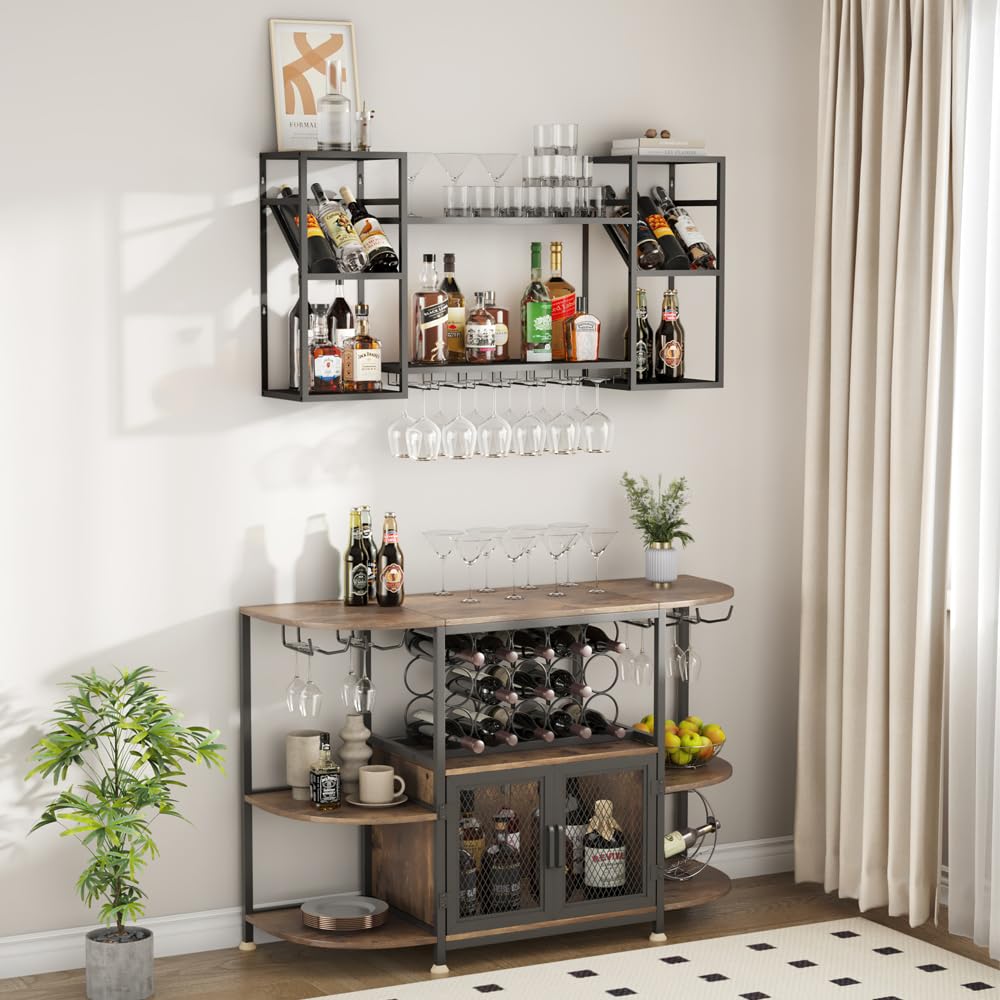 2-Tier Metal Floating Bar Shelf with Wine Glass Holder - Wall Mounted Liquor Rack for Wine Display & Storage - Perfect for Kitchen, Dining Room & Home Bar Decor (Black)