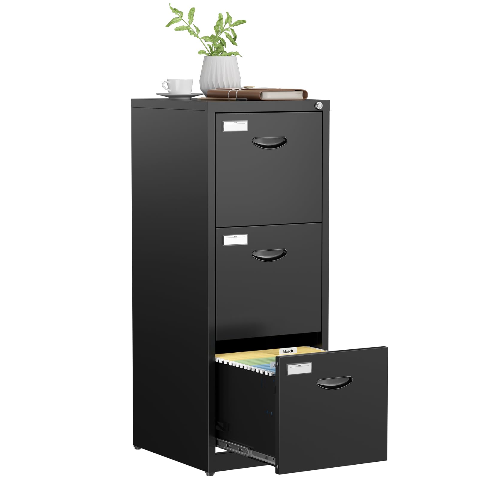 Black 3-Drawer Metal File Cabinet with Lock - Vertical Hanging Letter/Legal Folder Storage for Home Office - Easy Assembly Filing Cabinet for Documents & Records Organization