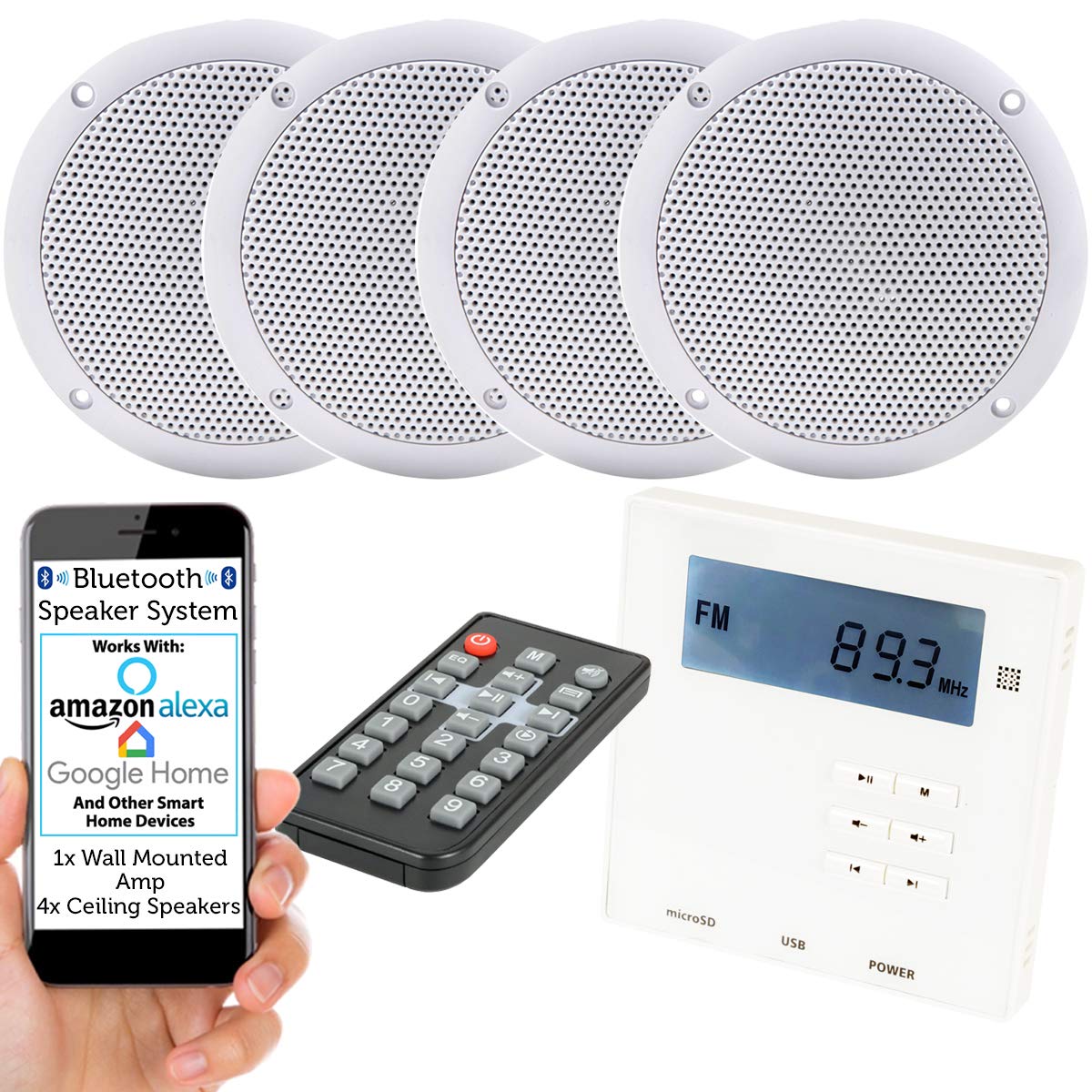Wall Mounted Micro Bluetooth Amplifier & 4 Ceiling Speaker Kit - HiFi Stereo Sound System for Home Theater, Office Music & Multi-Room Audio Streaming
