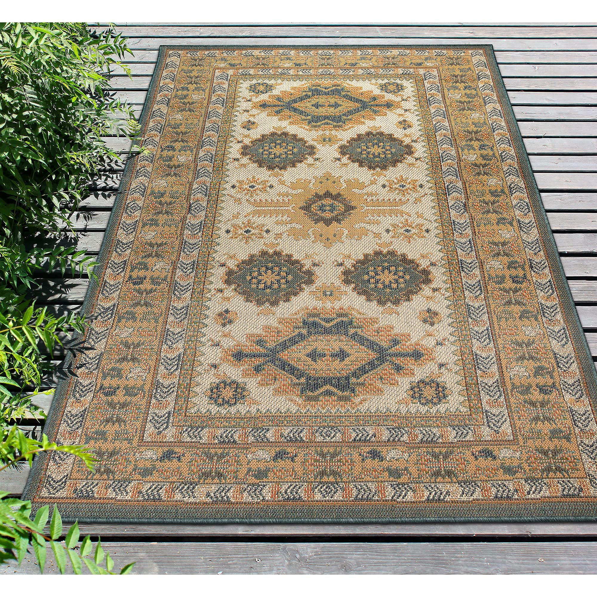 Liora Manne Patio Low Profile Easy Care Weather Resistant Indoor/Outdoor Rug - Southwestern Tribal Design, Serapi Ivory 7'10