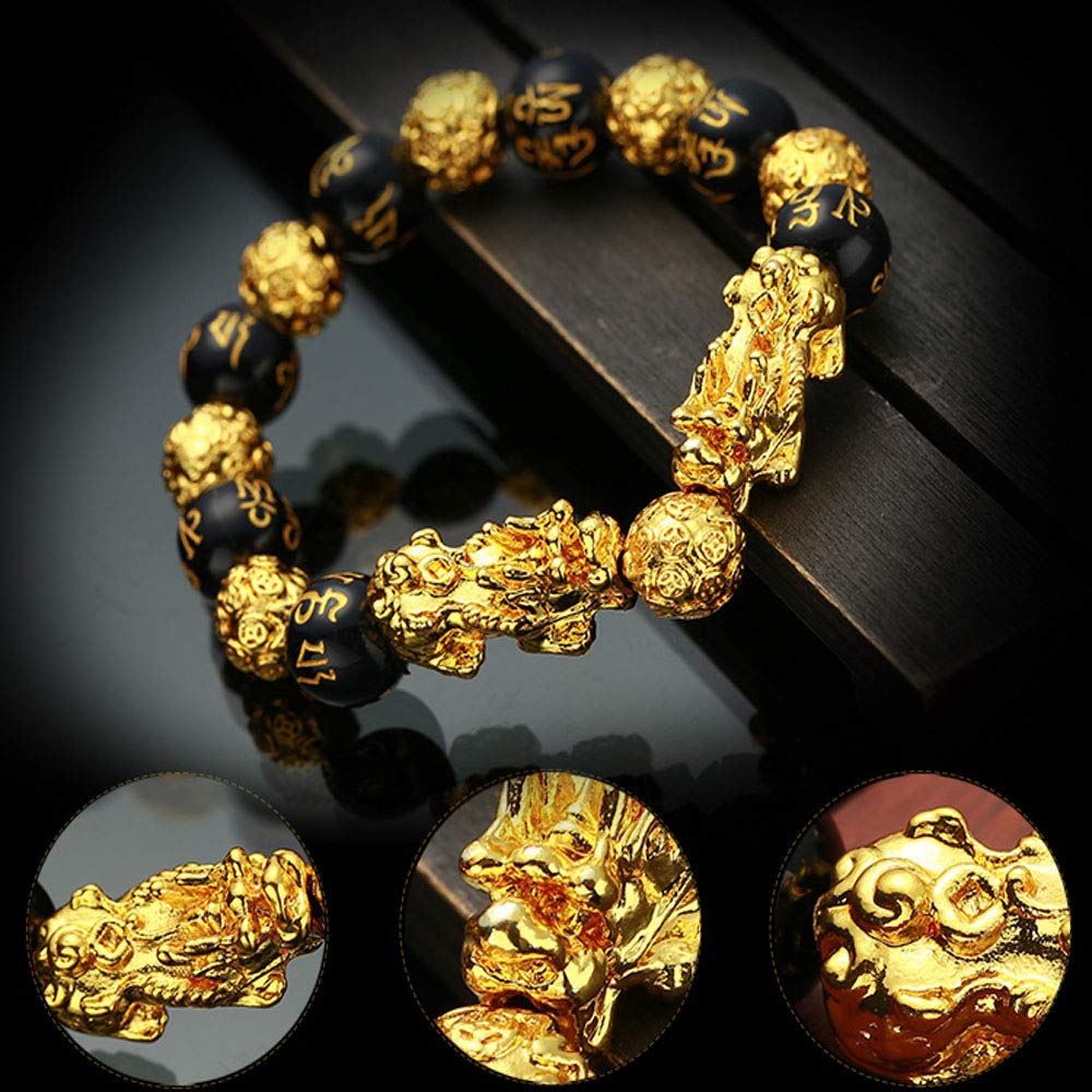2Pcs Feng Shui Bracelets with Gold Plated Pixiu - Adjustable Black Obsidian Beaded Bracelet for Men & Women - Wealth & Good Luck Amulet - Perfect for Meditation, Protection & Positive Energy