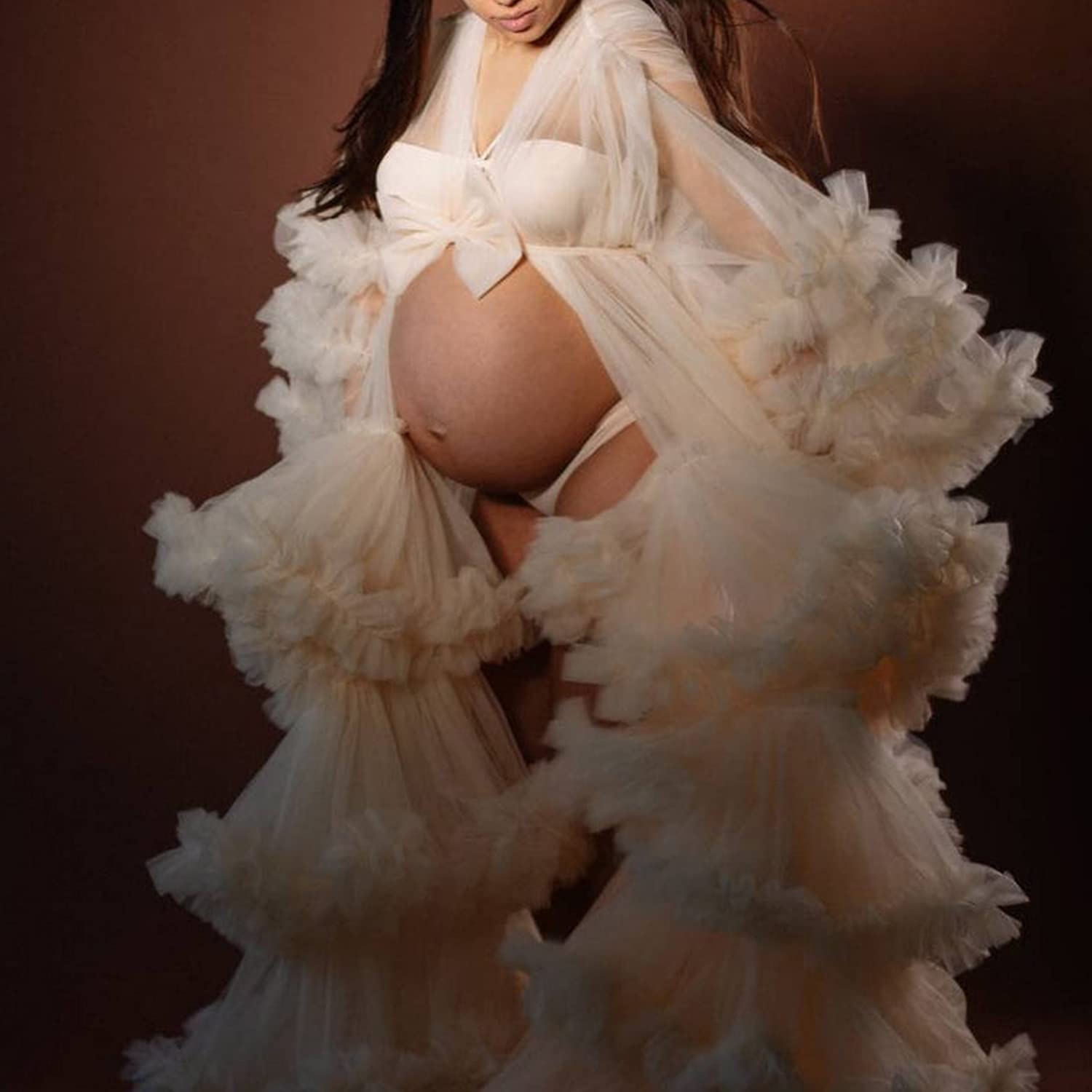 Elegant Tulle Robe Dress - Long Nightgown & Bathrobe for Women, Maternity Sleepwear Gown, Perfect for Pregnancy Photoshoot & Bridal Boudoir Photography