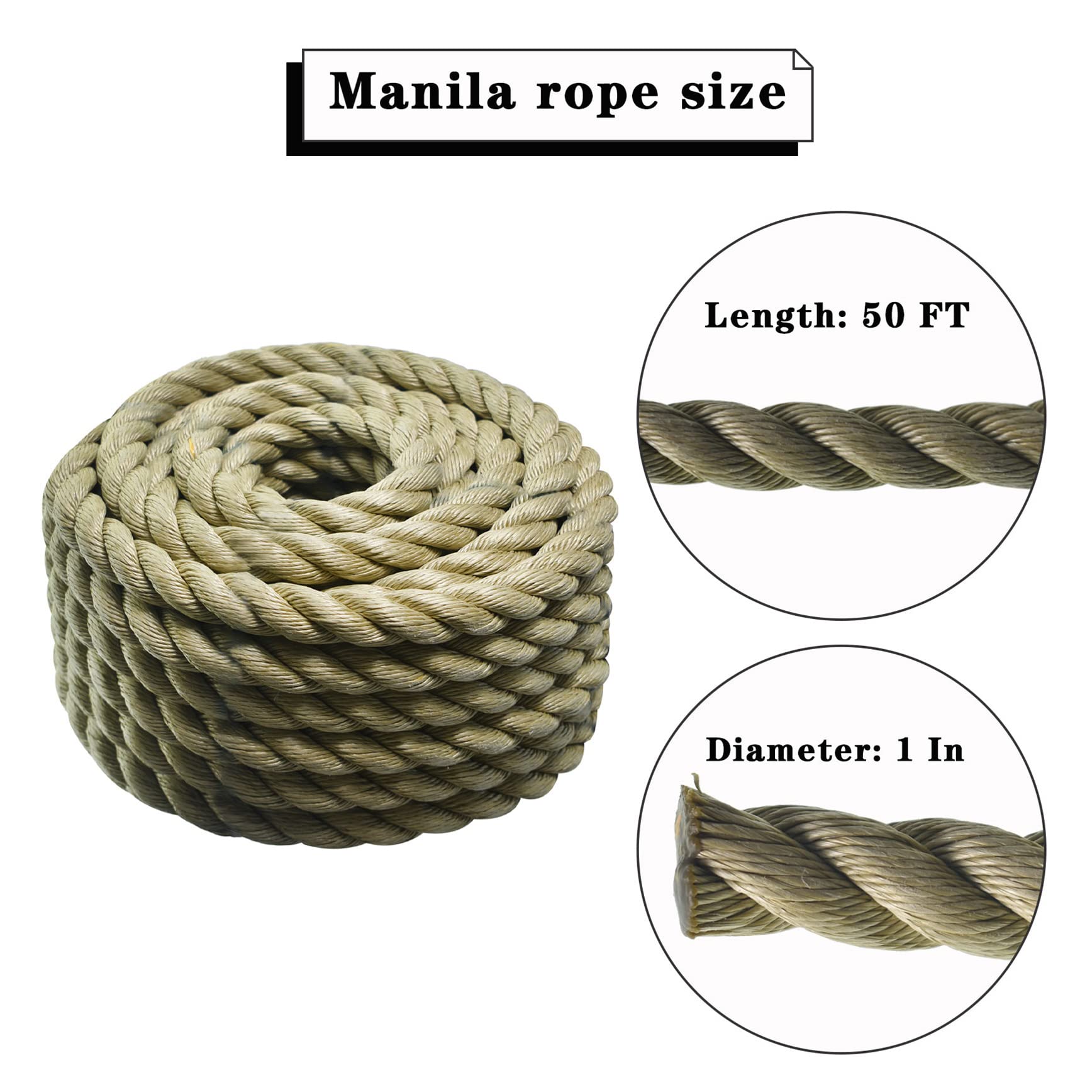 50 FT Twisted 3-Strand Polypropylene Rope - Synthetic Manila Rope for Tree Work, Camping, Boating & Swing - Heavy Duty Outdoor & Marine Use