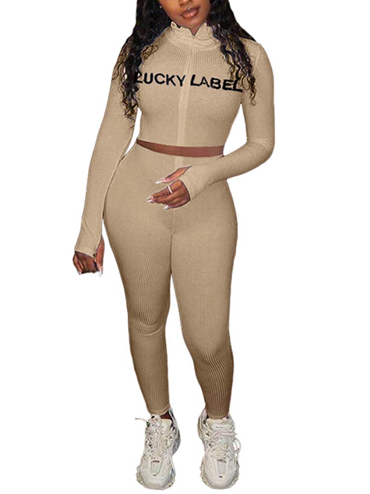 ALLUMK Women's Knit 2-Piece Outfit - Zipper High Neck Crop Top & Bodycon Pants Set, Casual Tracksuit for Workout, Yoga, Running & Streetwear Fashion