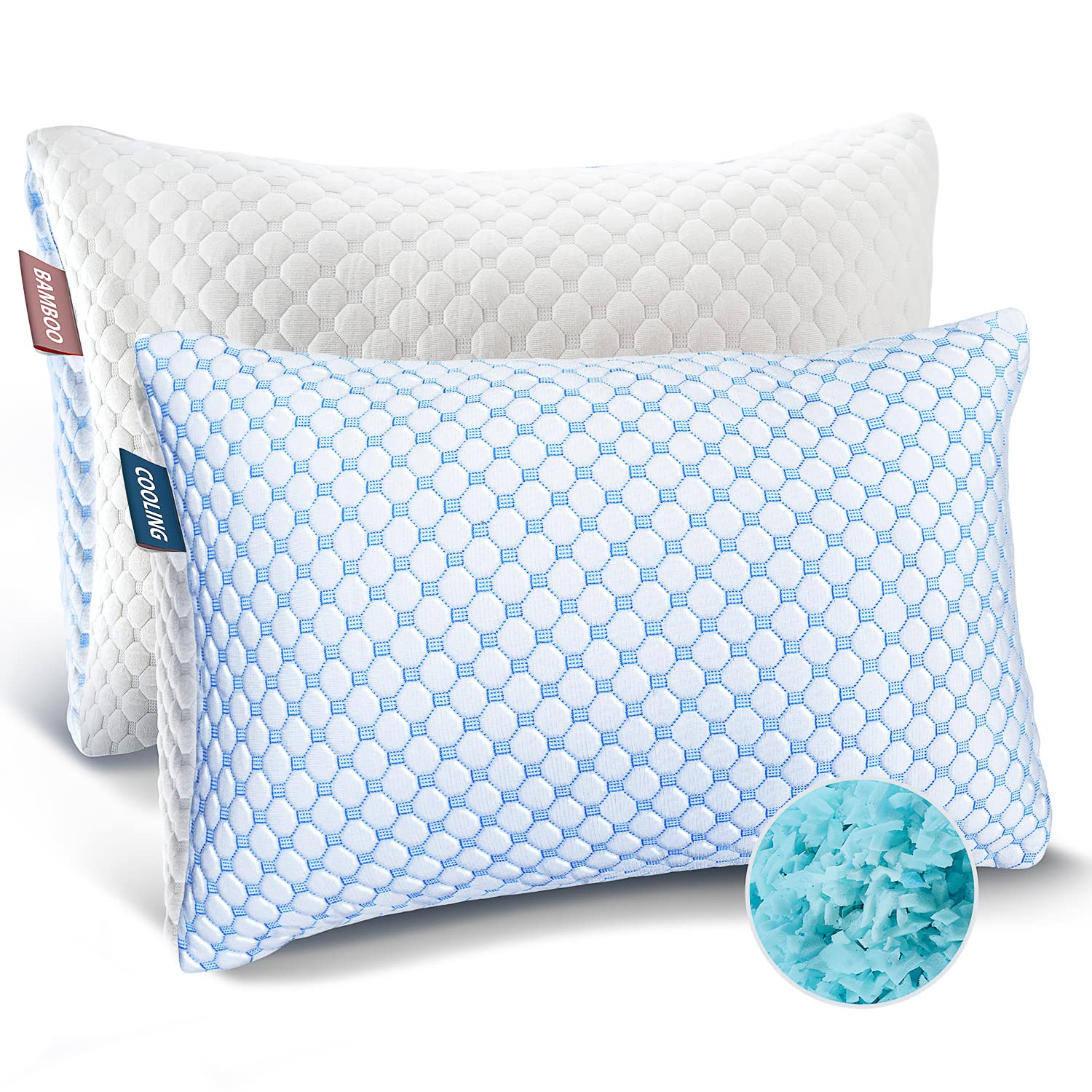 Nestl Cooling Pillows Standard Size Set of 2 - Gel Infused Shredded Memory Foam Pillow for Side, Back & Stomach Sleepers - Adjustable, Breathable & Washable Cool Bed Cover (20”x26”) - Perfect for Hot Sleepers & Night Sweat Relief