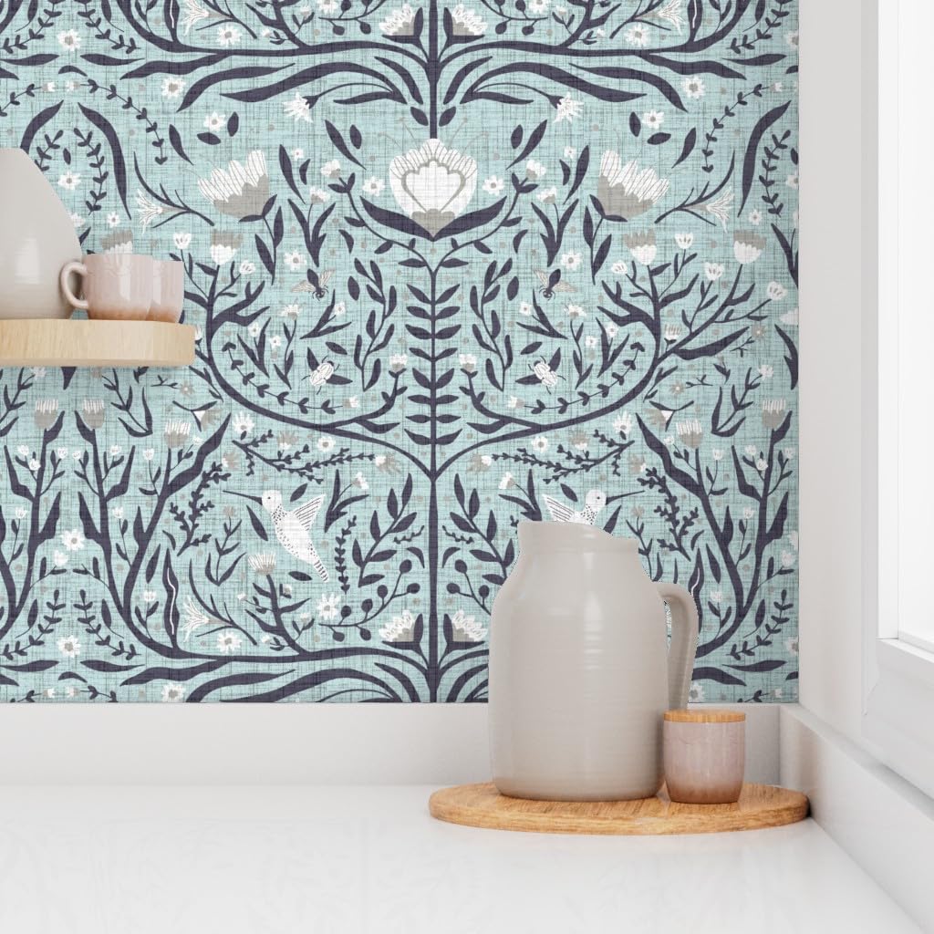 Removable Wallpaper 12ft x 2ft - Folk Art Nursery Design with Bees, Birds & Flowers | Gender Neutral Pre-Pasted Wallpaper for Kids Room Decor by Spoonflower | Perfect for Nursery, Bedroom & Playroom Wall Covering