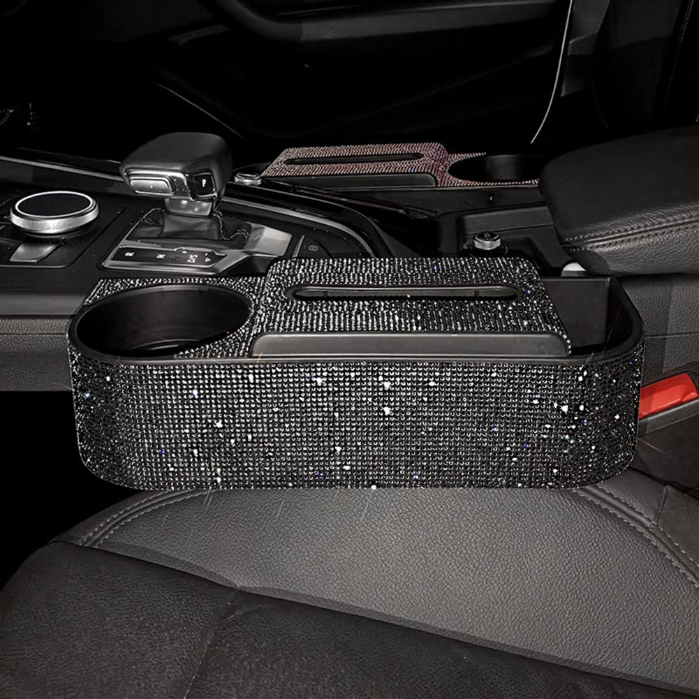 3-in-1 Multifunctional Car Seat Gap Organizer with Rhinestone Decor & Cup Holder - Black Car Storage Accessory for Tissues, Phones & Small Items | Perfect for Sedans, SUVs & Road Trips