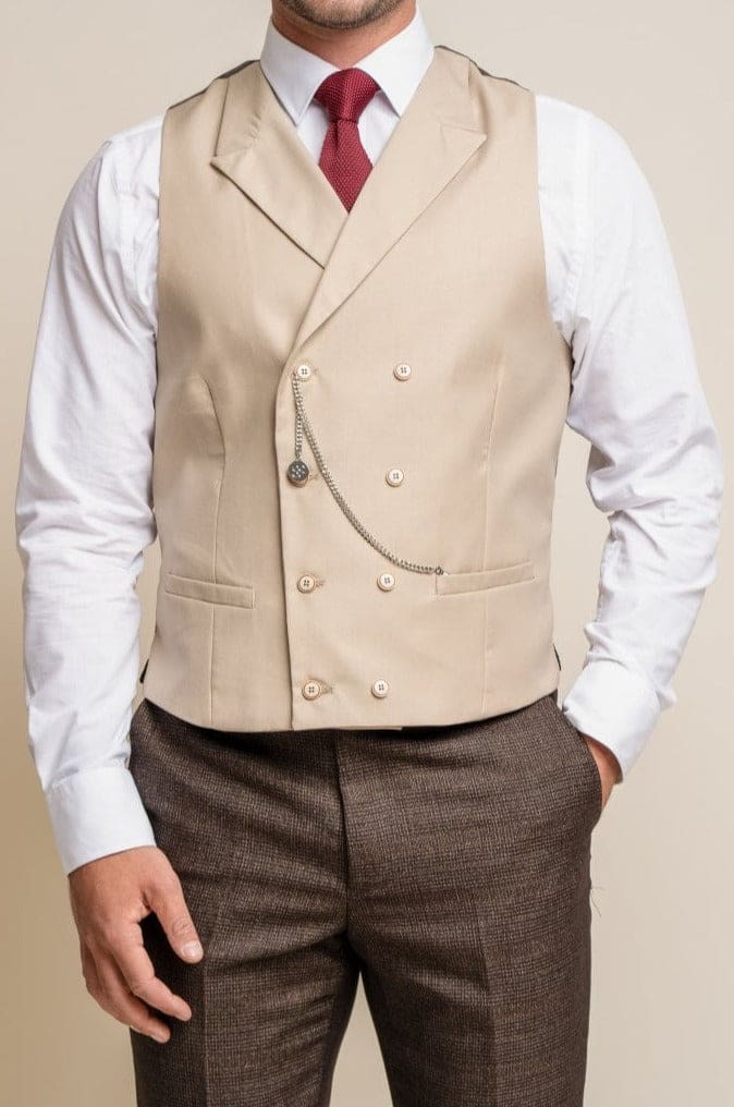 Cavani Lennox Beige Double Breasted Waistcoat Vest for Men | Formal Business Suit Jacket | Wedding, Office & Special Occasion Outfit