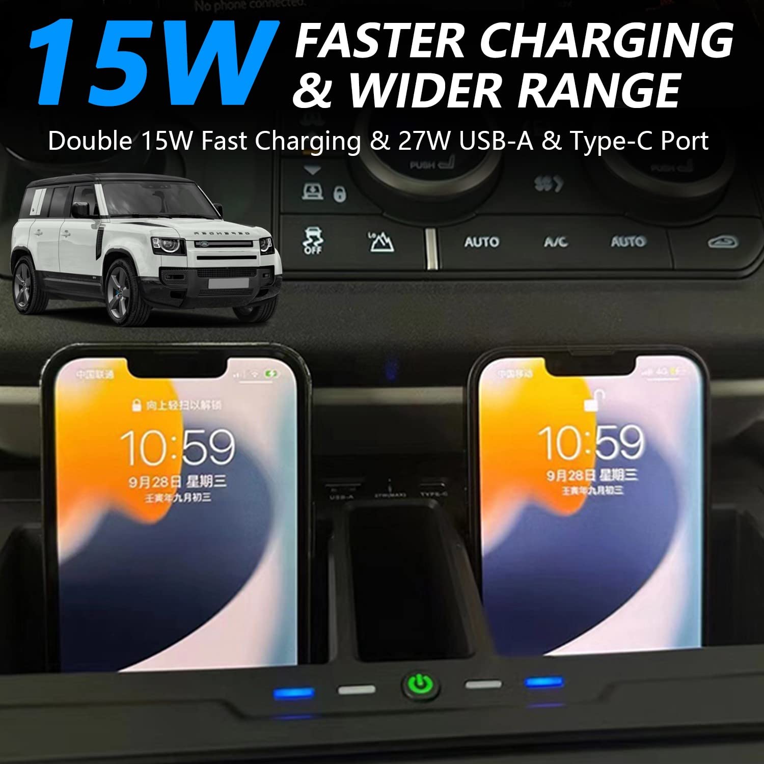 Wireless Car Charger for Land Rover Defender 90 110 130 X/X-Dynamic/V8/Carpathian Edition (2020-2023) - 15W Fast Charging Pad Compatible with iPhone & Galaxy - Interior Accessories & Upgrades for Road Trips & Daily Commutes
