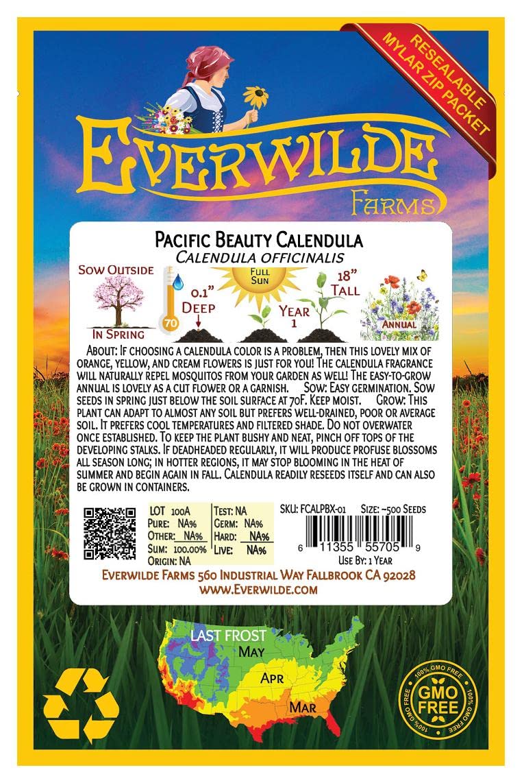 500 Pacific Beauty Mix Calendula Wildflower Seeds - Premium Gold Vault Jumbo Seed Packet for Home Garden, Landscaping & Pollinator-Friendly Planting