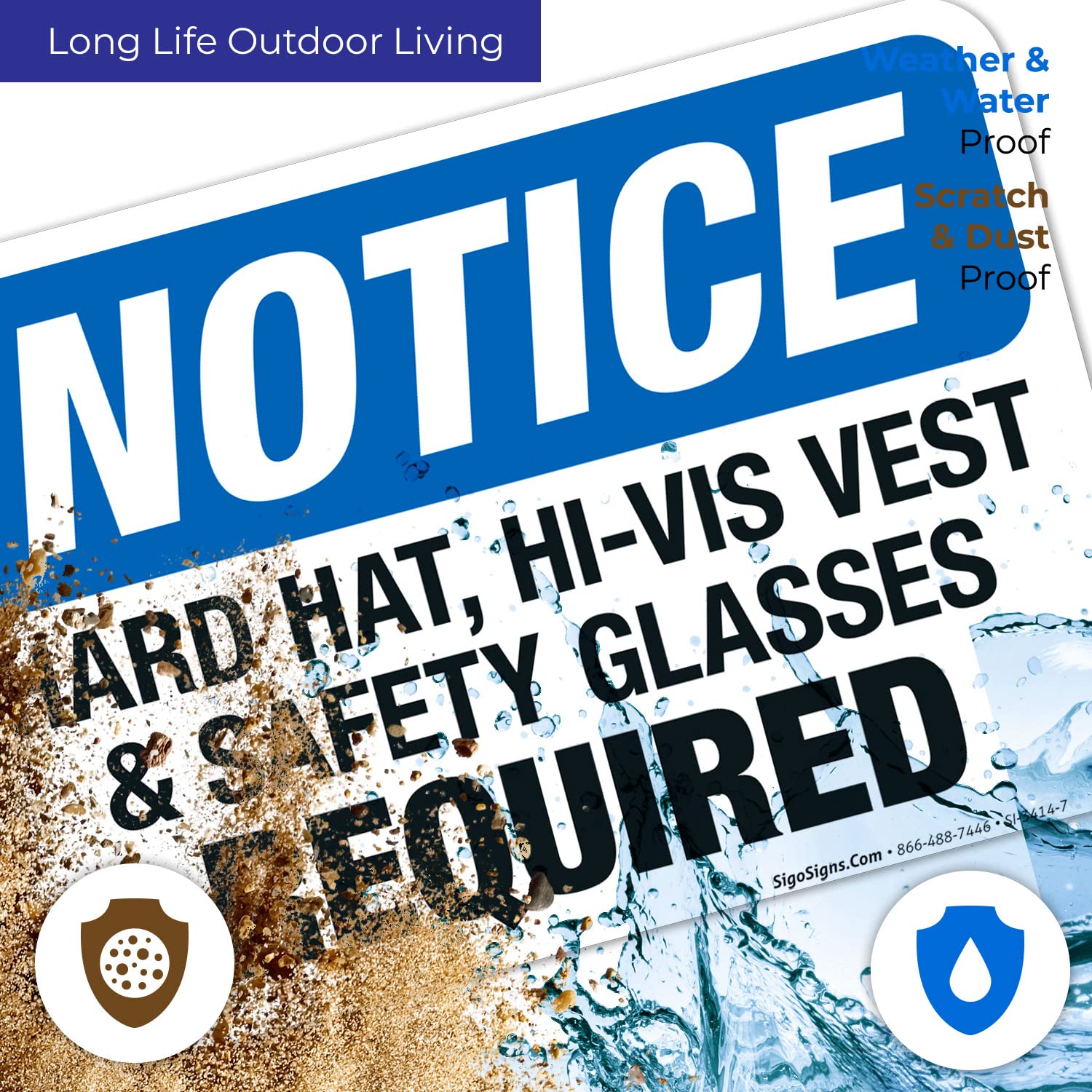 OSHA Approved Hard Hat Hi-Vis Vest & Safety Glasses Required Sign - 10x7 Inch Durable 4 Mil Vinyl Decal Sticker - Weatherproof, UV Resistant, Long Lasting - Made in USA - Perfect for Construction Sites, Warehouses & Industrial Workplaces