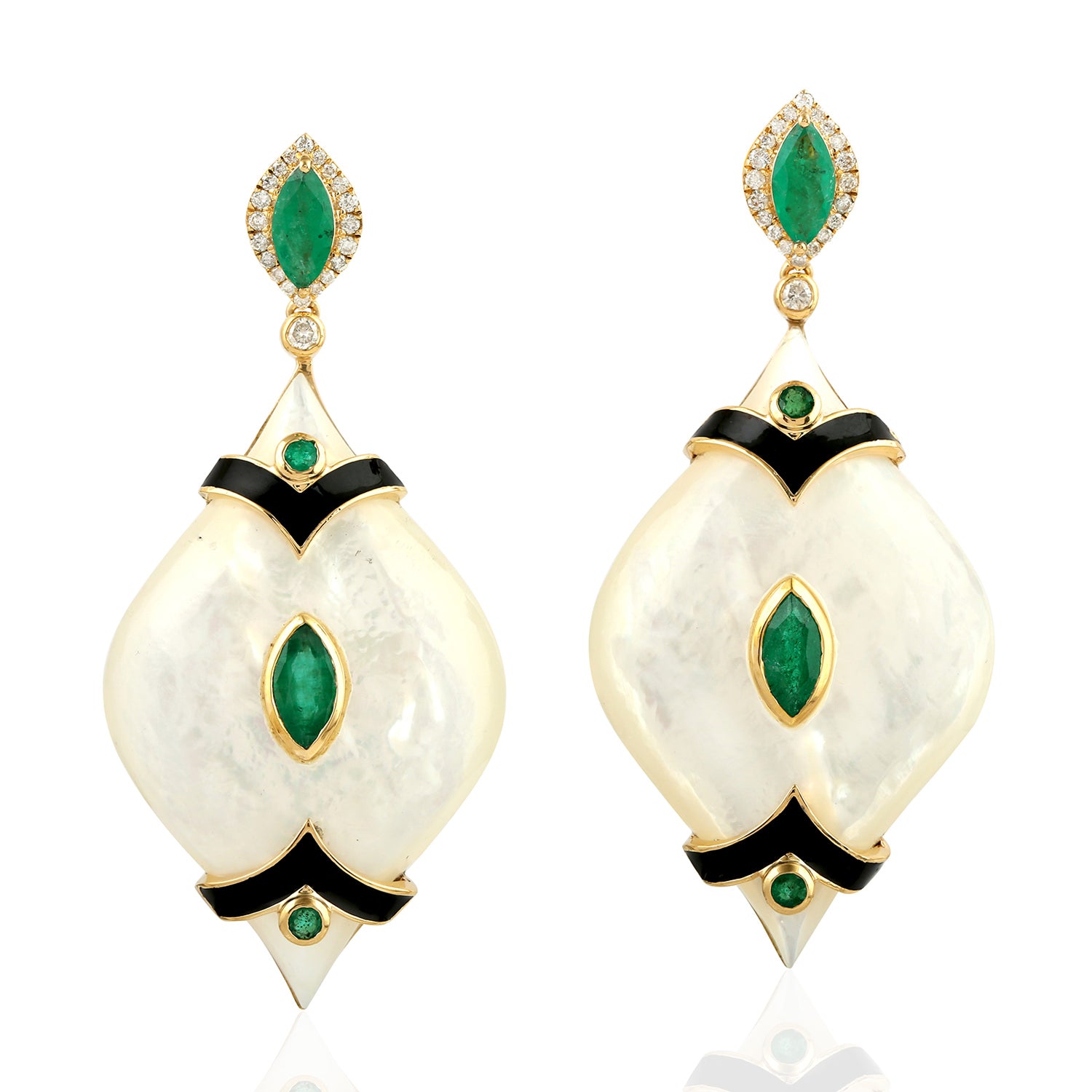 Emerald & Mop Gemstone Pave Diamond Enamel Dangle Earrings for Women - 14K Gold Plated Elegant Jewelry Gift for Birthday, Anniversary & Special Occasions