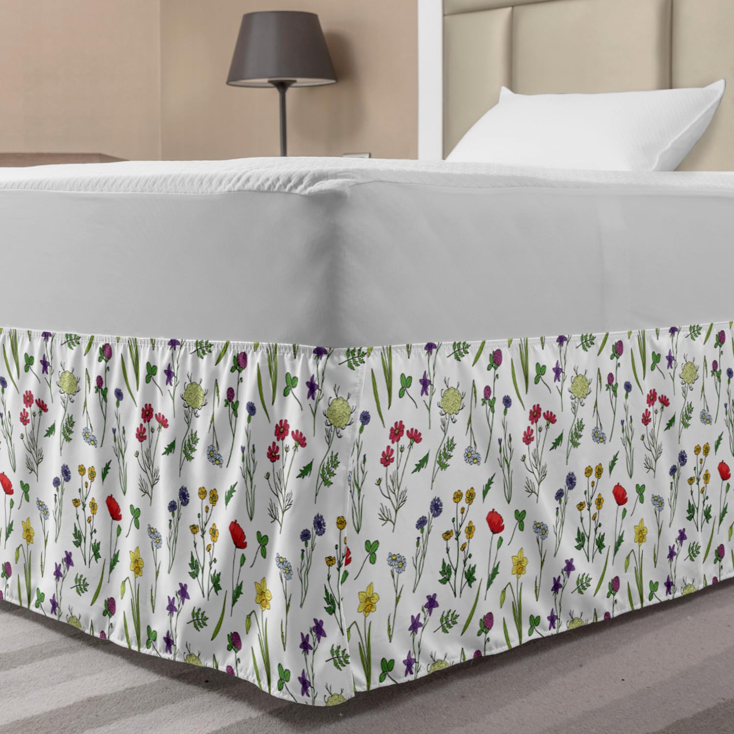 Ambesonne Floral Bed Skirt - Elastic Wrap Around Dust Ruffle with Wildflowers Botanical Design for Full Size Beds | Perfect for Spring Bedroom Decor & Home Styling