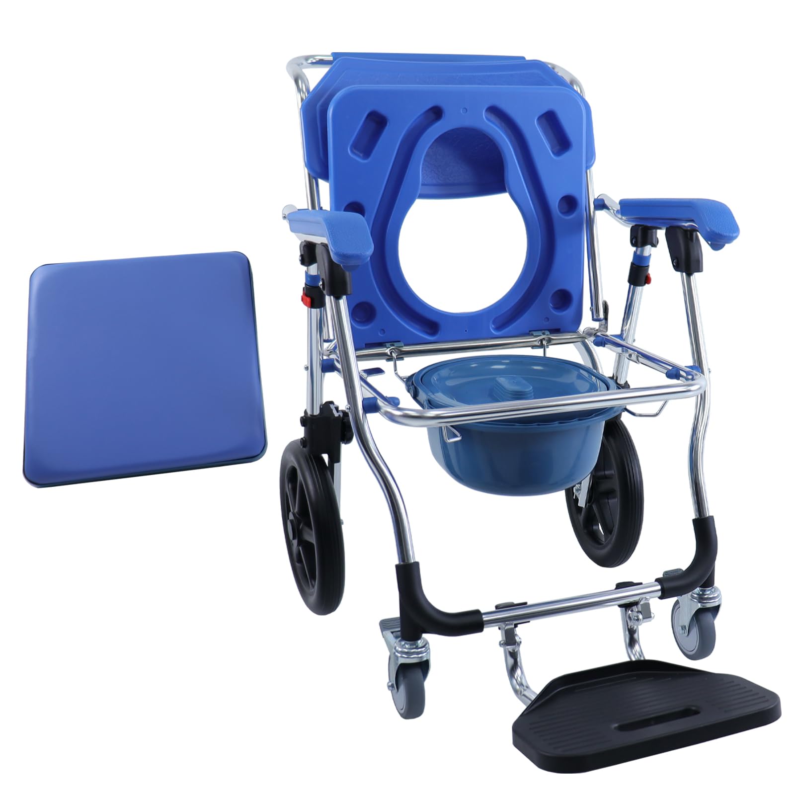 Folding Shower Commode Wheelchair - 300lbs Capacity Bariatric Commode Chair with Padded Seat, Waterproof Rolling Shower Chair with Armrests & Backrest, Mobility Aid for Elderly & Disabled - Ideal for Small Bathrooms & Home Care Use